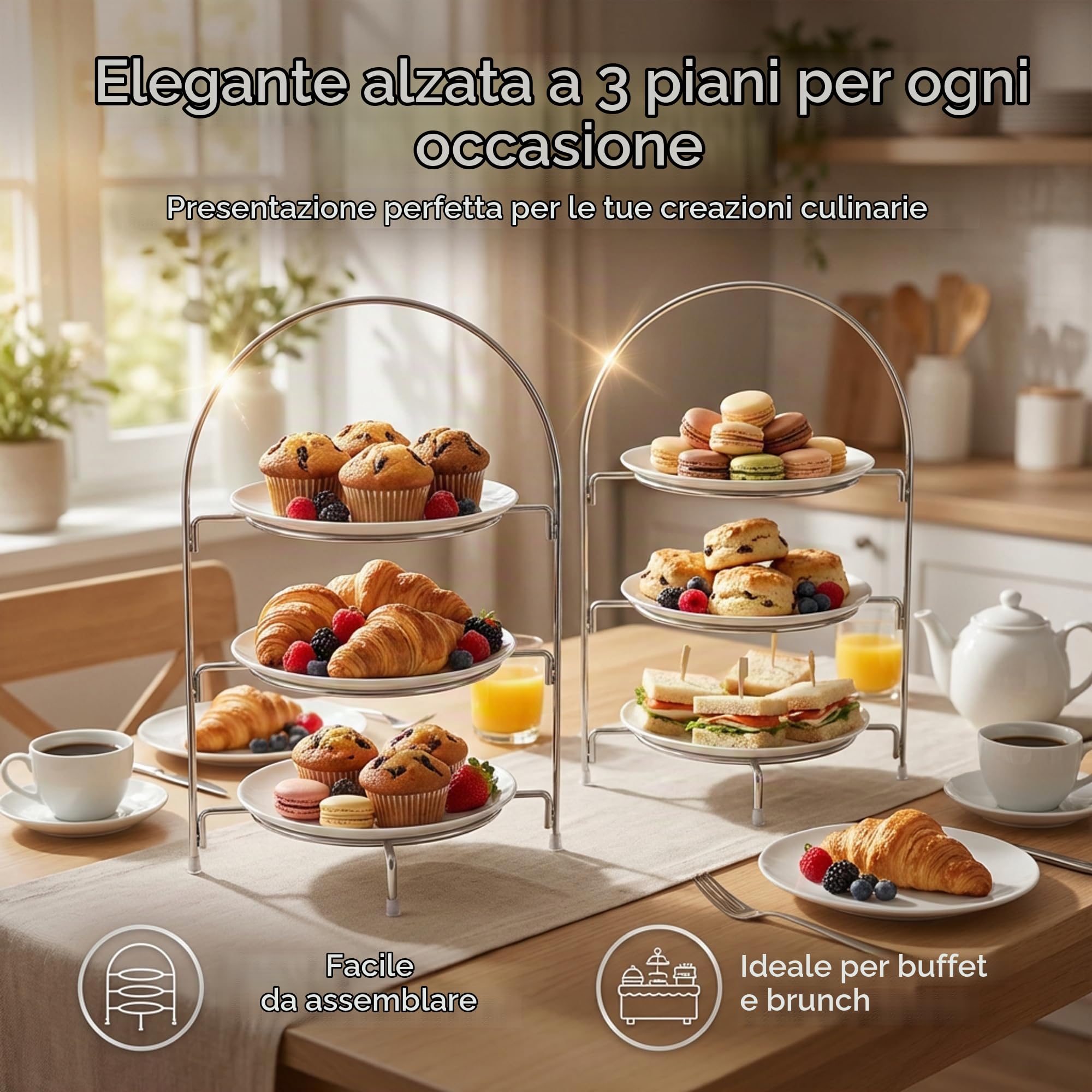 Alzata a 3 Livelli in metallo – Porta Cupcake e Torte per Buffet, Feste, Matrimonio – Espositore Elegante Salvaspazio (Piatti Non Inclusi)