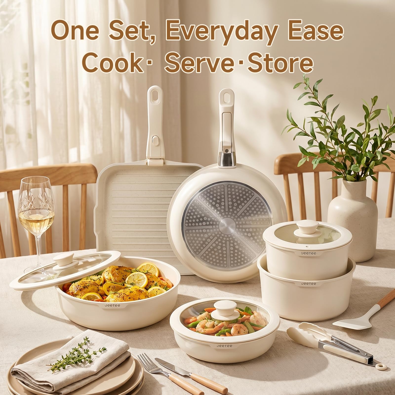 JEETEE Batería de Cocina 25 Piezas con Mangos Extraíbles, Inducción | Juego de Ollas y Sartenes Antiadherentes, Apilable, Apto para Horno 220°C, Ahorra Espacio hasta 70%