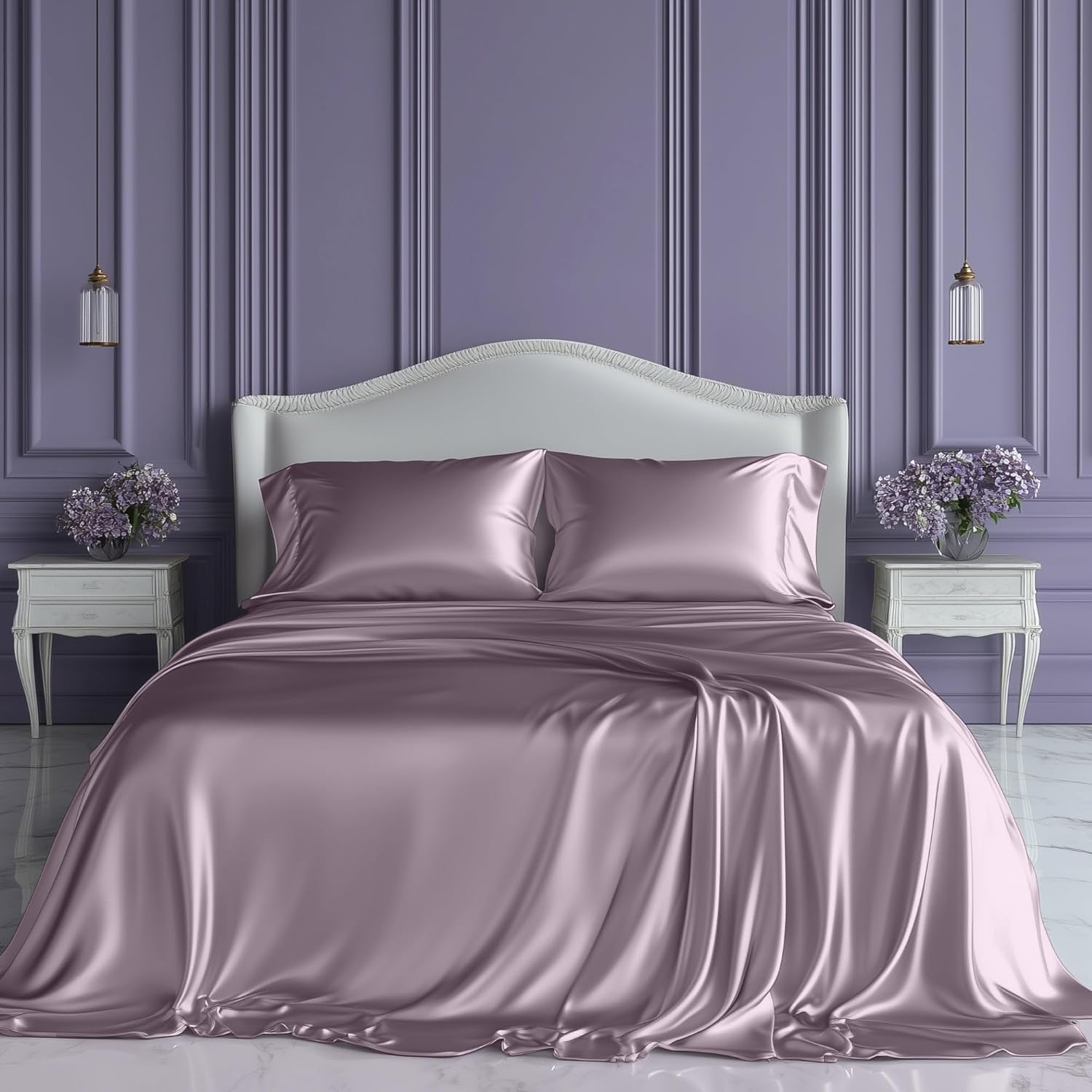 SLEEP SANCTUARY Satin Sheets Queen Size  4 Piece Luxury Silky Bed Set, Softer Than Silk, 15" Deep Pocket, Cooling & Wrinkle-Free, Moisture-Wicking & Breathable for Hair & Skin (Lavender)