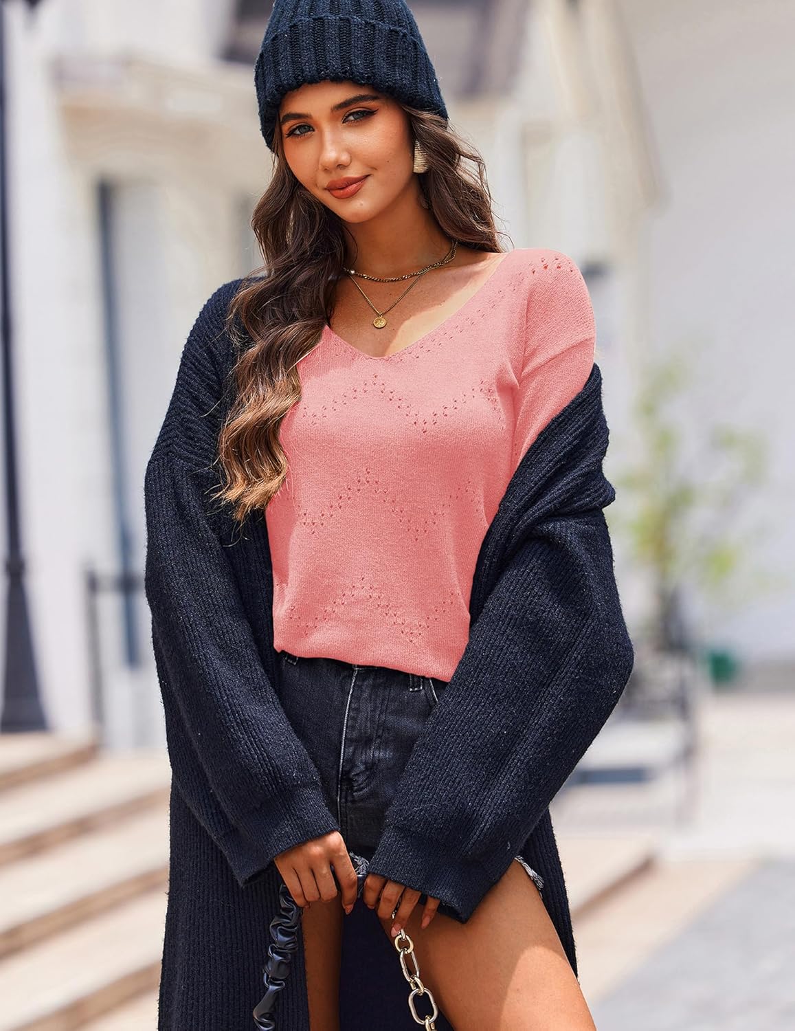 Zeagoo Womens Sweaters Fall Trendy Casual Long Sleeve Shirt Lightweight V Neck Off Shoulder Crochet Pullover Top Outfit - Image 2