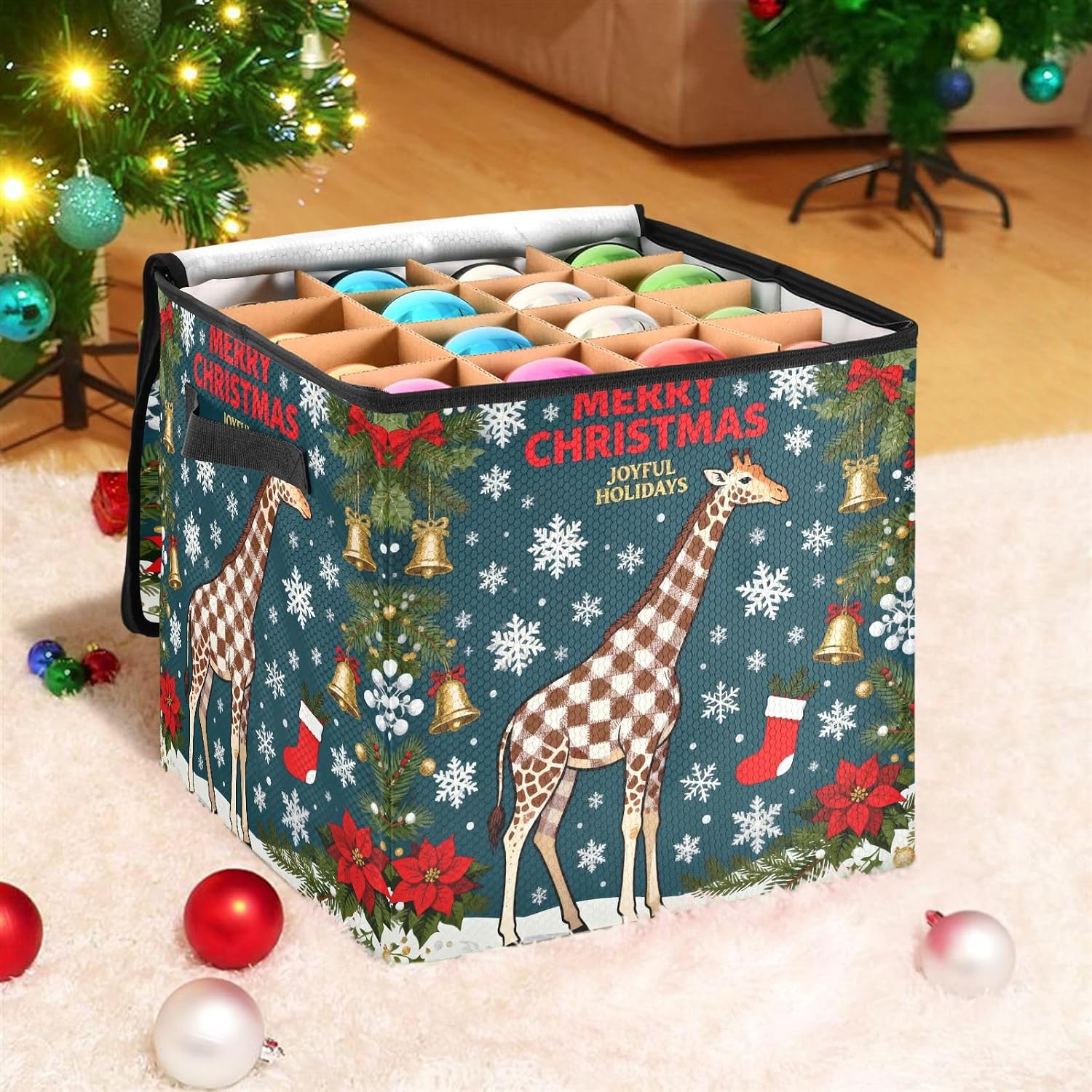 High Capacity Christmas Ornament Storage Box Holds Up to 64, Adjustable Dividers telescoping Holiday Storage Case with Lid,Christmas Giraffe Blue