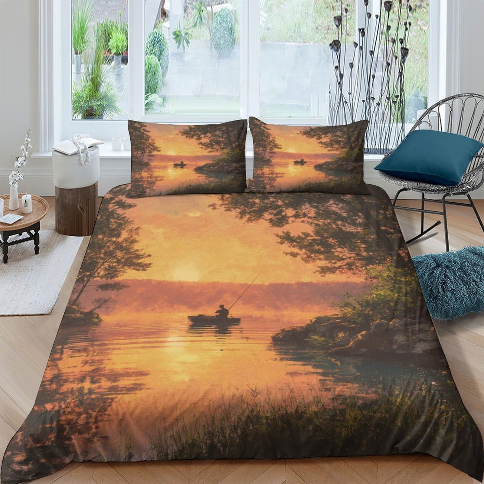 Ctjqhvkz Style-1 3D Printed Sunset Lake Fitted Sheet Microfiber Non-Slip Easy Care Forest Boat Mattress Cover For Bedroom Guest Room Decor Single（135X200cm）