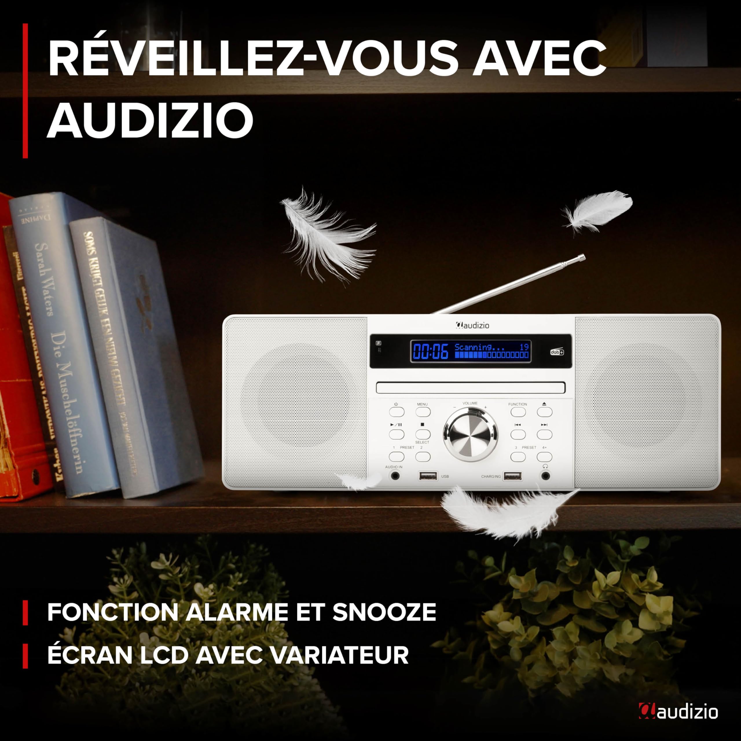 Audizio Prato Radio Dab+ et Lecteur CD avec Technologie sans Fil Bluetooth, Écran LCD, Fonction Horloge et Veille, 2X Port USB, Entrée AUX, Sortie Casque, Télécommande Incluse, Couleur Blanc