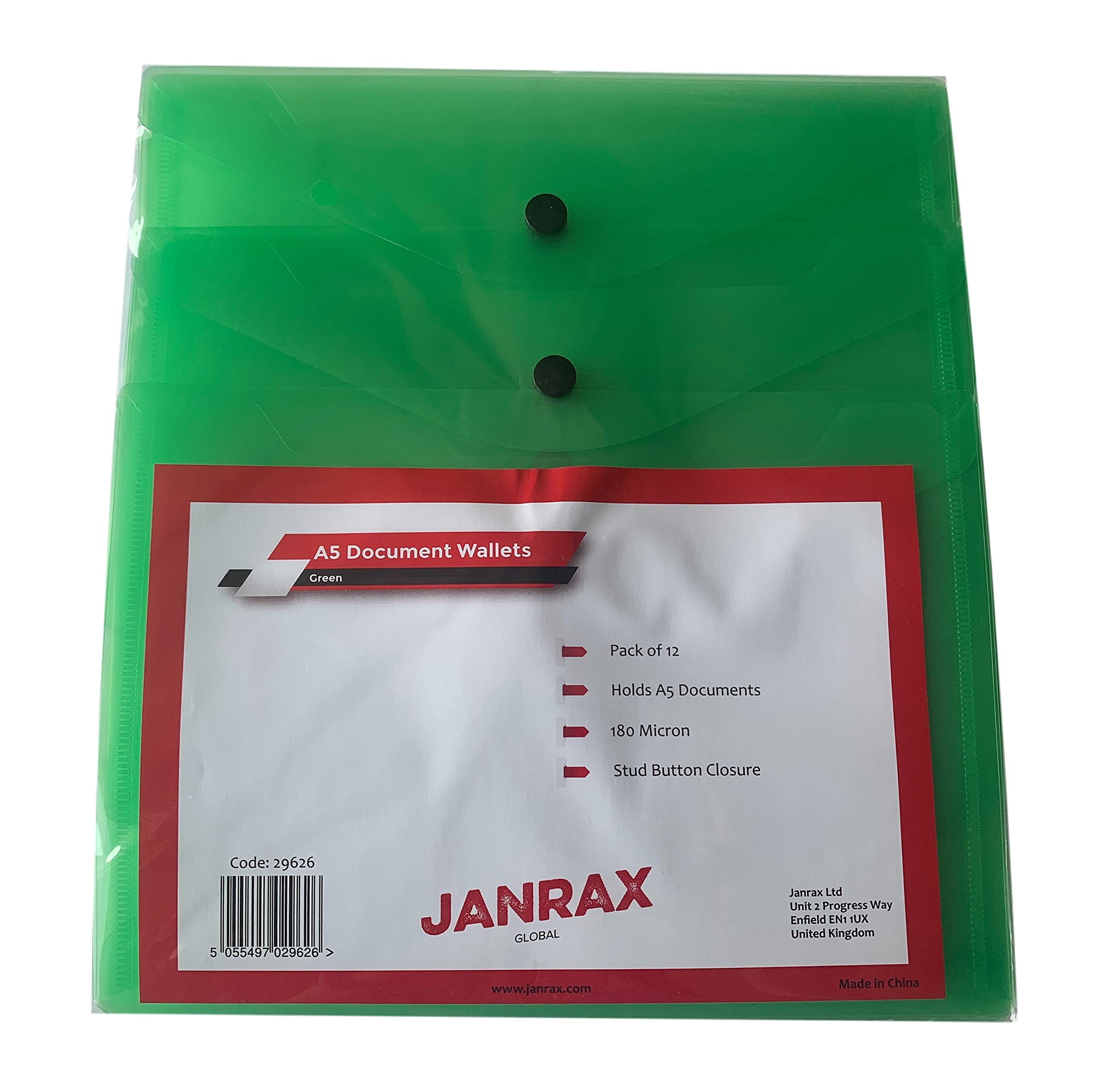 Pack of 36 Janrax A5 Green Document Wallets - Button Stud Folder