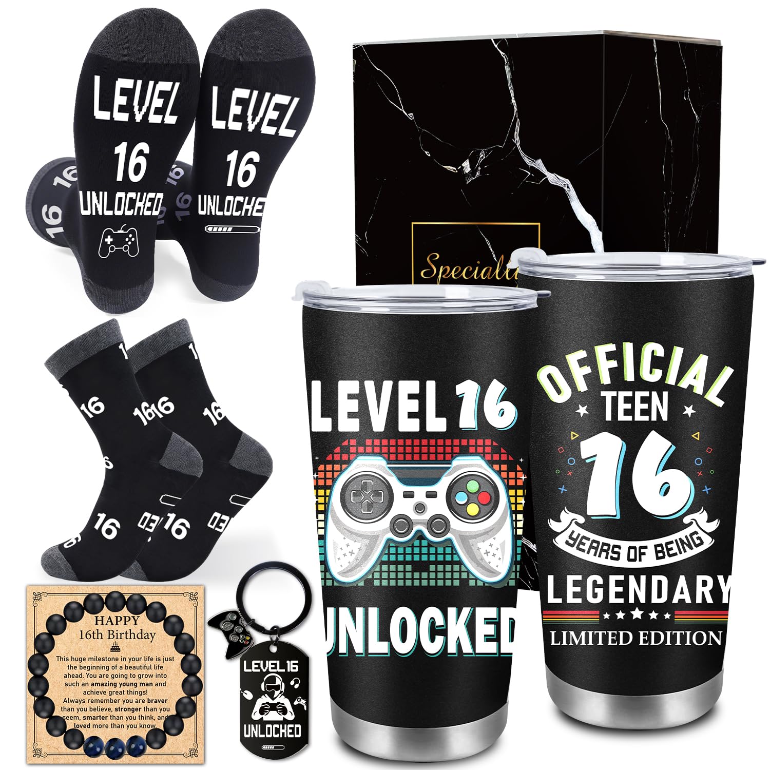 JoyAura 16st Birthday Gifts for Boy - Black Gamer 16 Years Old Birthday Gift for Him Mens, Personalized Gift Set with Card Keychain Bracelet for Son Grandson Nephew Brother Video Game Lovers