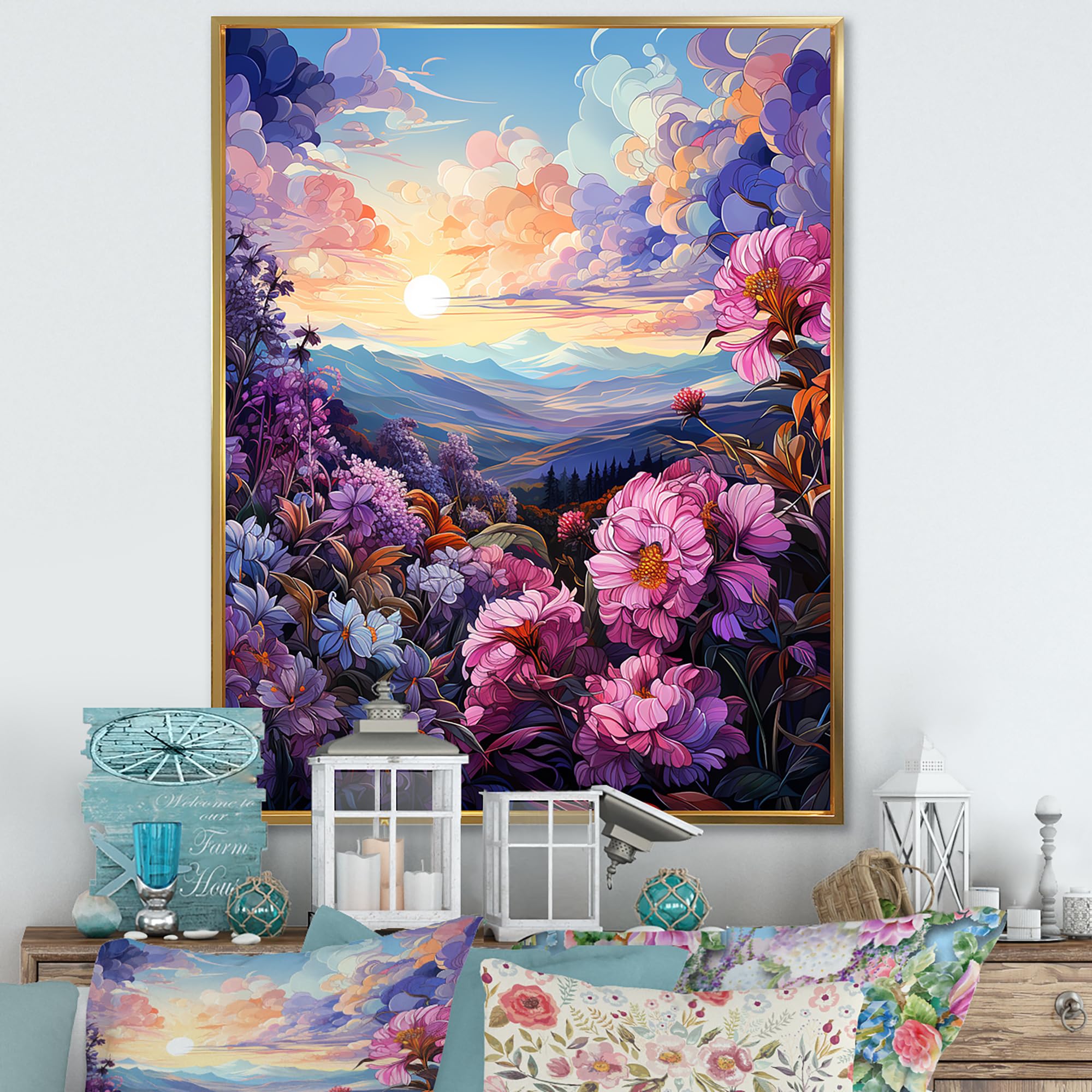 DesignQ Flowers Gold Framed Wall art decor, Flowers Wall Art