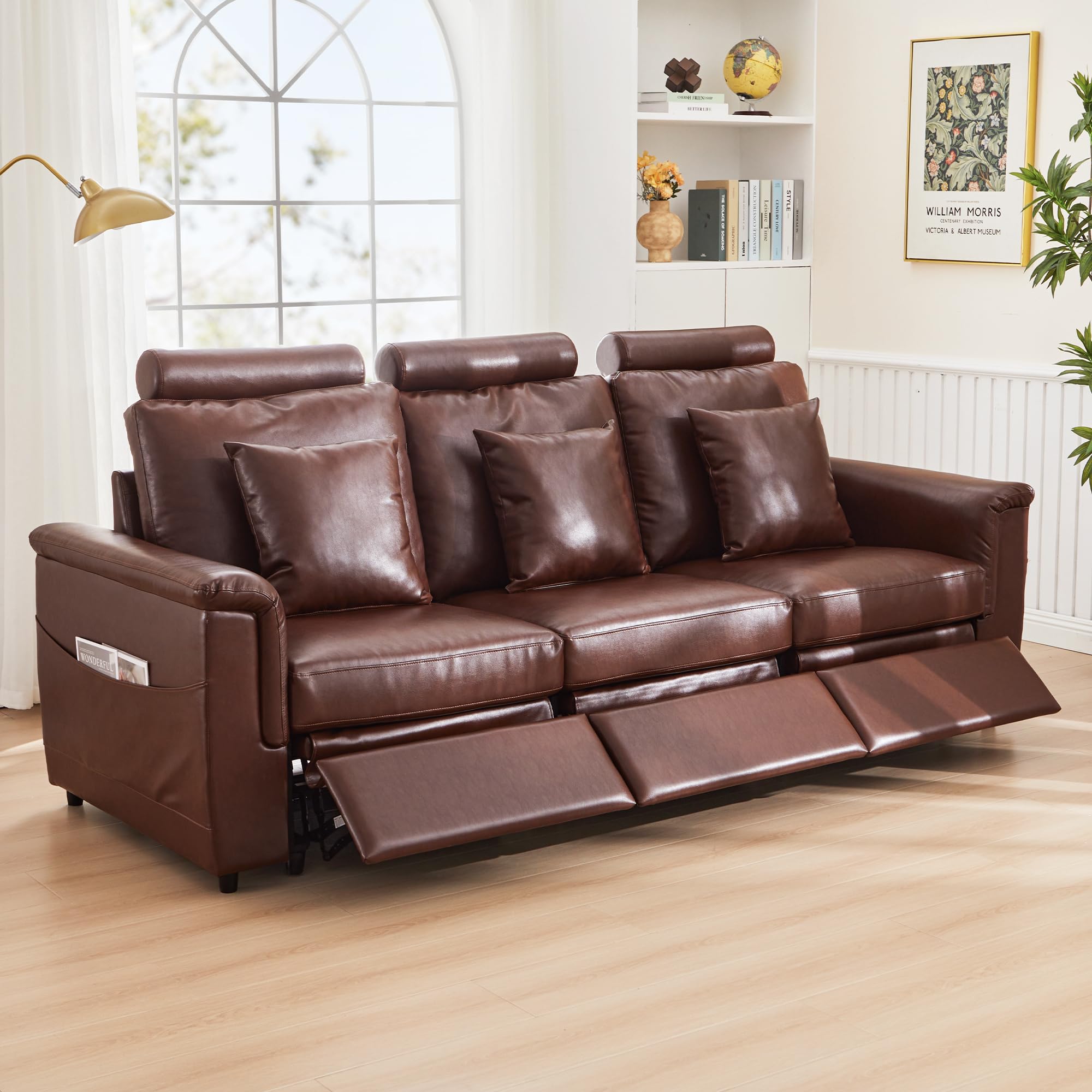 LEVNARY 3-Seater Modular Reclining Sofa, Upholstered Faux Leather Power Recliner Couch with 3 Electric Seats, 3 Pillows &amp; Side Pockets, Adjustable Back &amp; Footrest, Living Room Furniture (Brown)