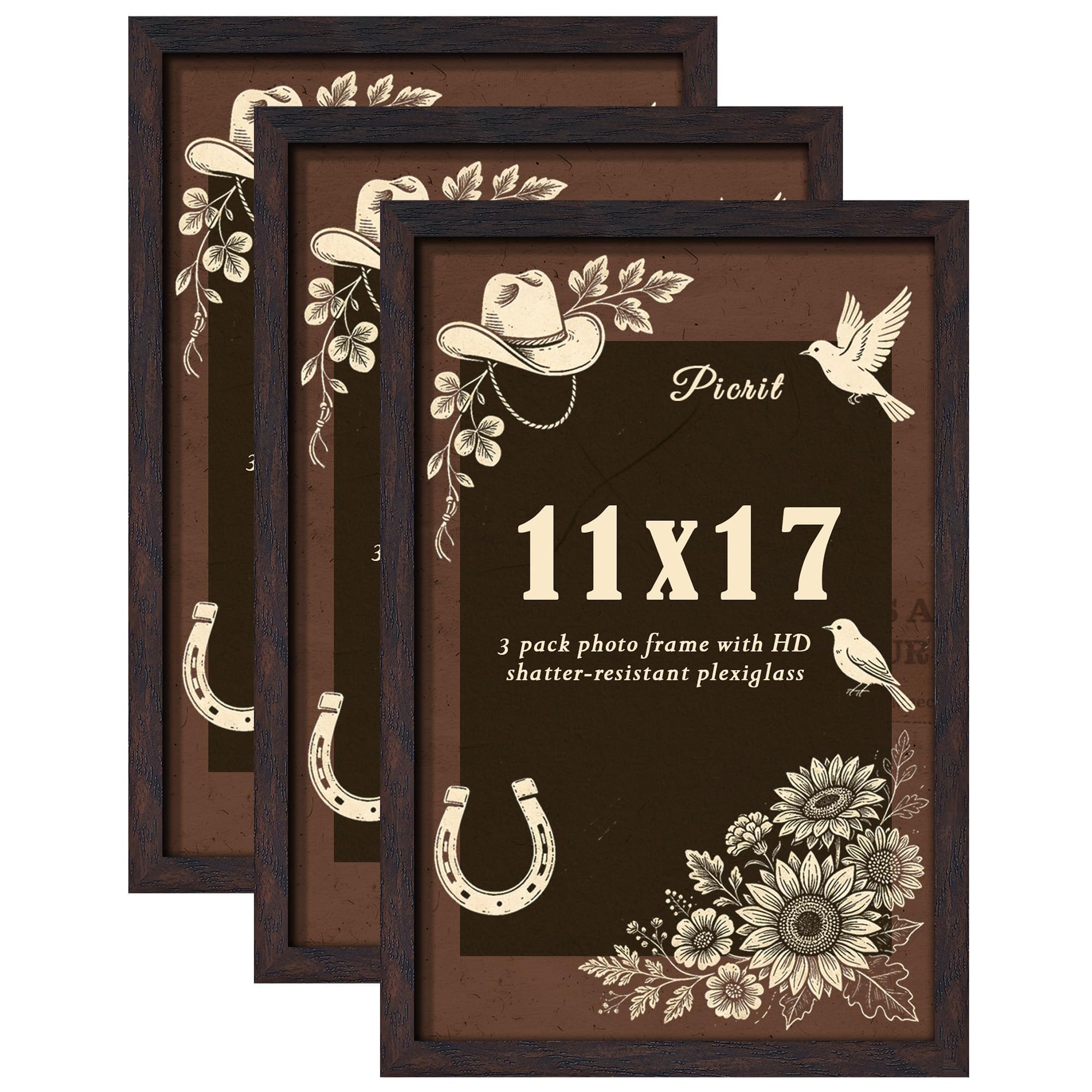 Picrit 11x17 Picture Frame 3 Pack, Wall Mount Display, Walnut Wood Grain