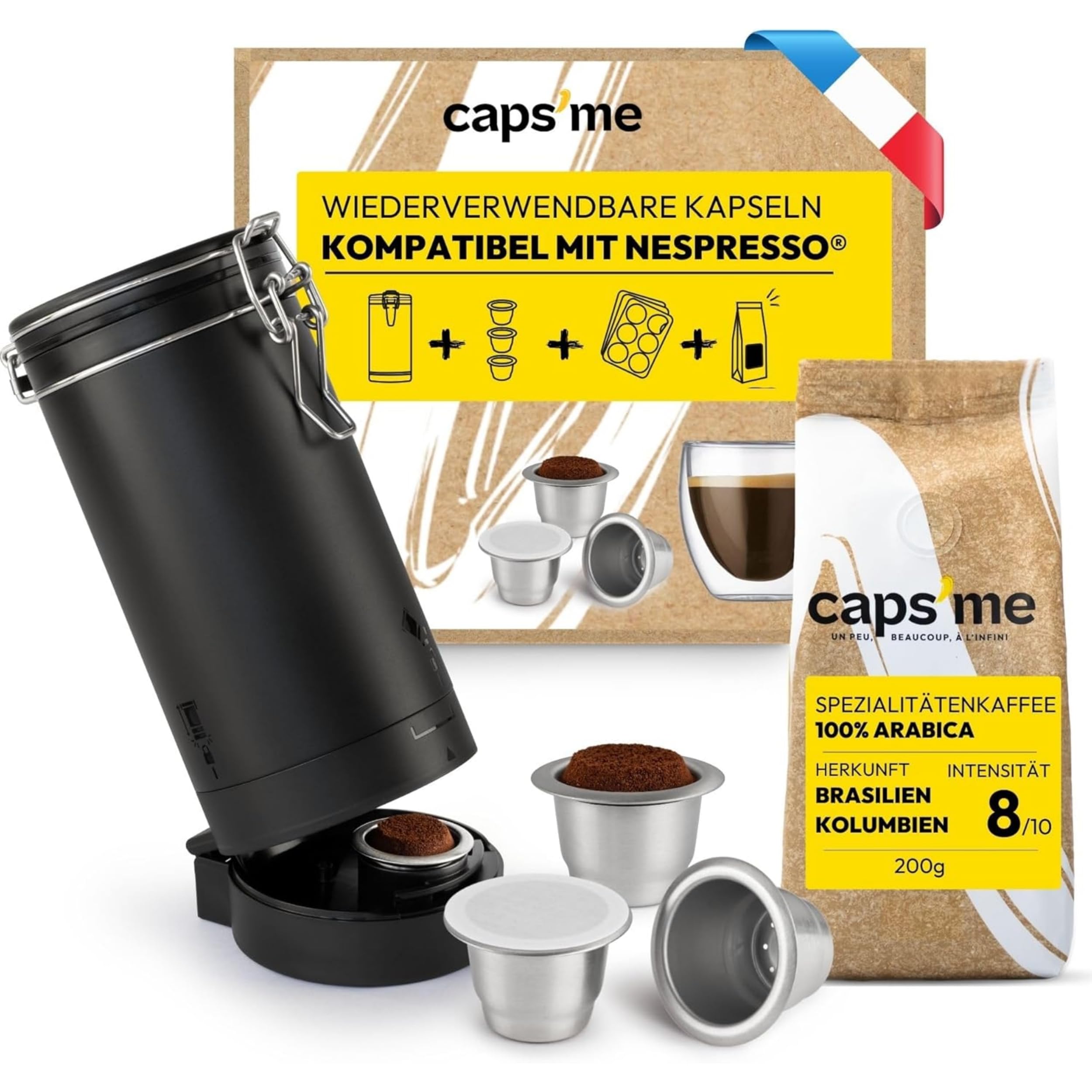 CAPS ME - Kompletny Zestaw Wielokrotnego Użytku do Nespresso Original (1 Shaker + 3 Kapsułki ze Stali Nierdzewnej + 48 Papierowych Pokrywek + Kawa Premium) - Ekonomiczny i Ekologiczny