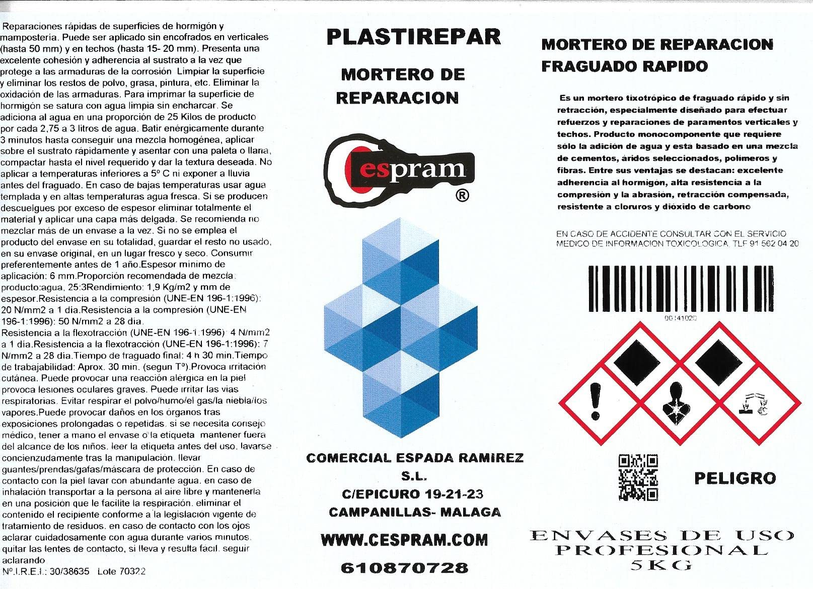 5kg. Mortero de reparación de fraguado rápido sin retracción, reparaciones de baches, desconchones, y roturas en pavimentos de hormigón. Plastirepar. Envase de 5 kg
