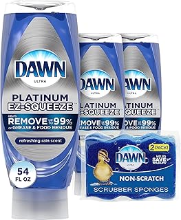 Dawn Dish Soap Squeeze Bottle, EZ-Squeeze Dawn Dishwashing Liquid,Dawn Platinum Dish Soap Liquid,Dish Washing Liquid+Non-Scratch Sponges for Dishes,Refreshing Rain,Includes 3x18oz Bottles+2 Sponges
