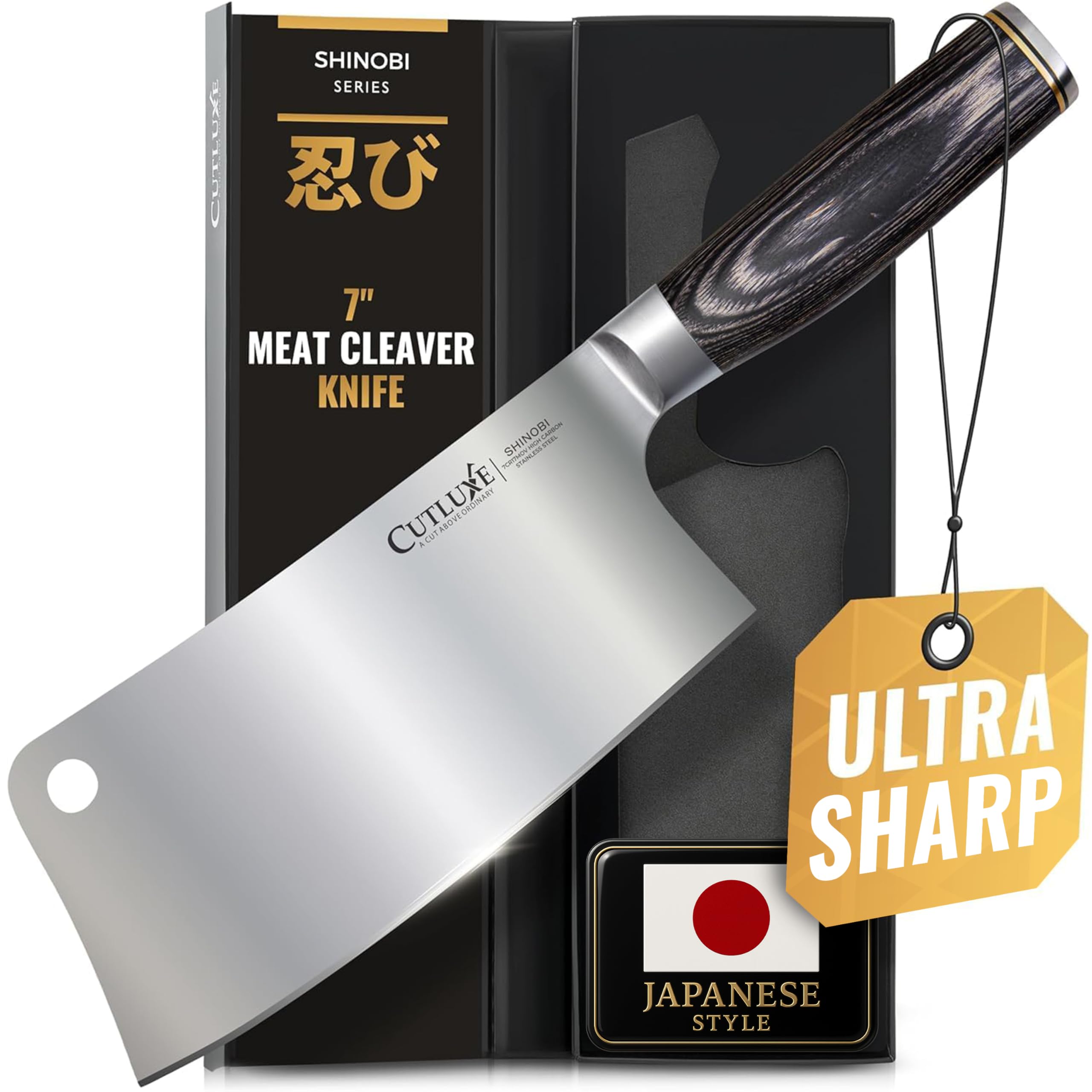 Cutluxe Meat Cleaver Knife, 7" Butcher Cleaver – Ultra Sharp Japanese Blade