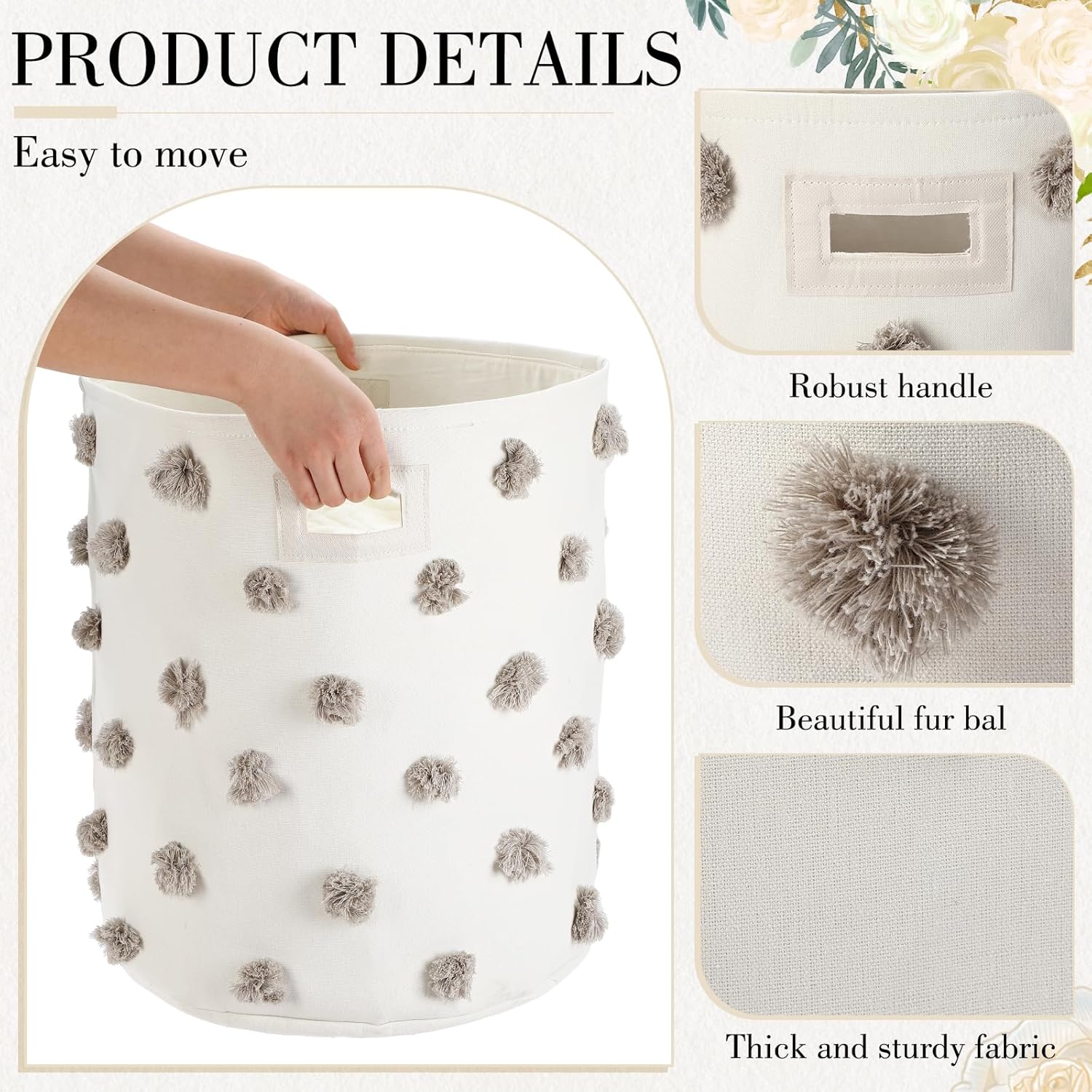 Grey 17.5" D x 20.8" H Pom Pom Basket Bin Large Cotton Canvas Laundry Hamper Baby Girl Laundry Basket Storage, Baby Nursery Hamper for Nursery Playroom Home Room Organizer Decor