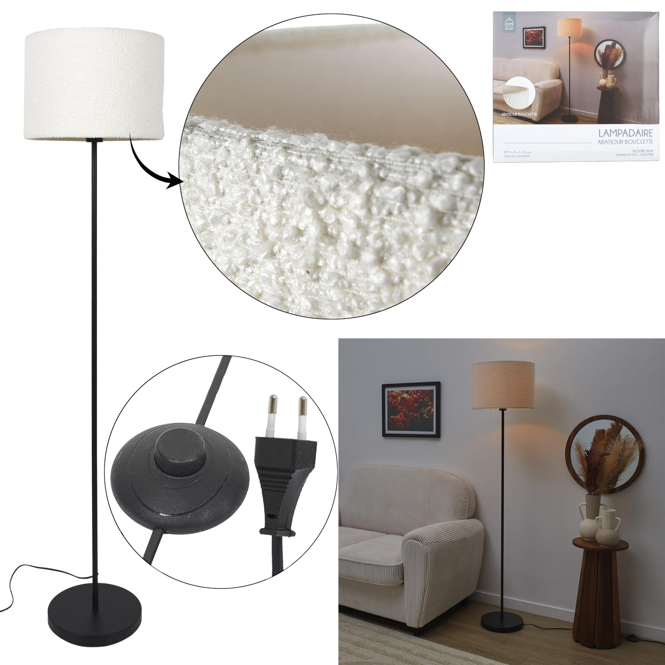 HOME DECO FACTORY, LA0084, Lampa podłogowa z kloszem Bouclette M1, nowoczesny i elegancki design, idealna do salonu lub sypialni, łatwa instalacja, energooszczędna, rozmiar M, kolor czarno-biały