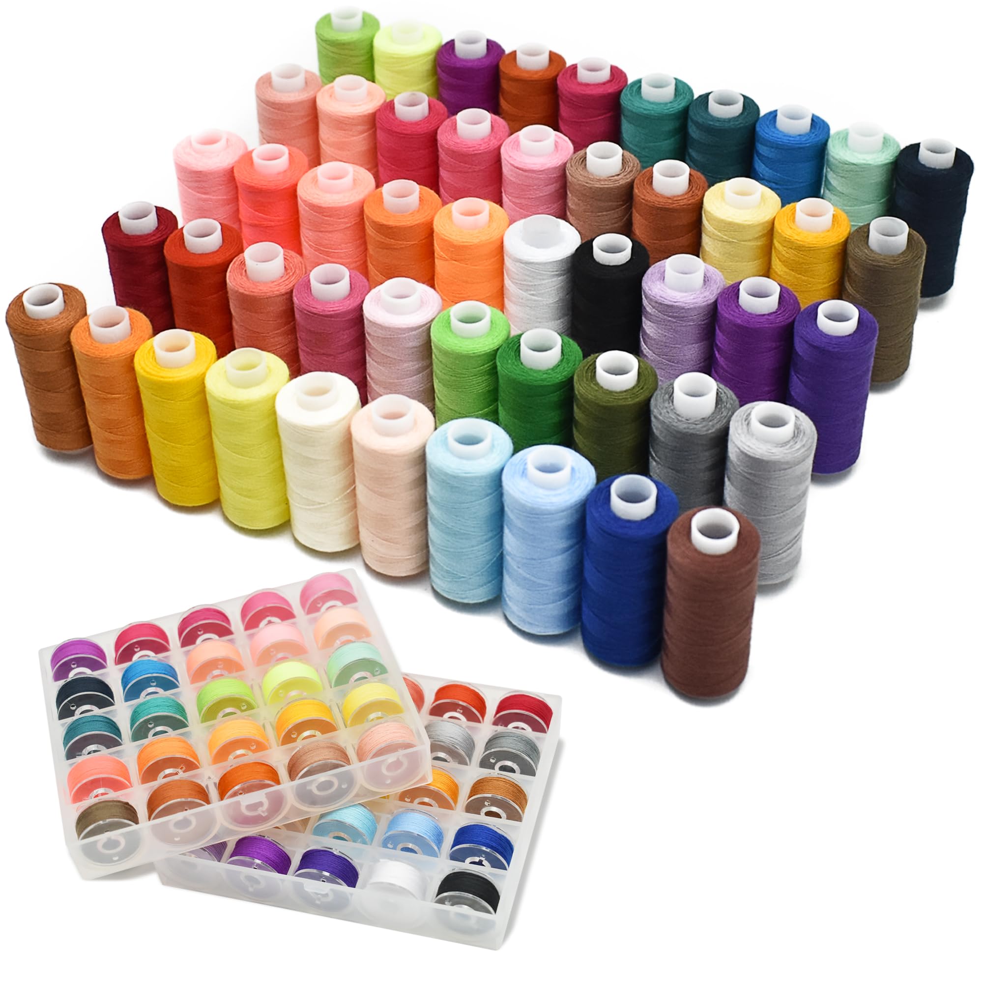 SHRJ Kit de 130 hilos de coser, 50 colores para máquina de coser, bobinas preenrolladas con hilo de bobina, surtido de agujas de almacenamiento, 400 yardas por carrete, hilo de poliéster