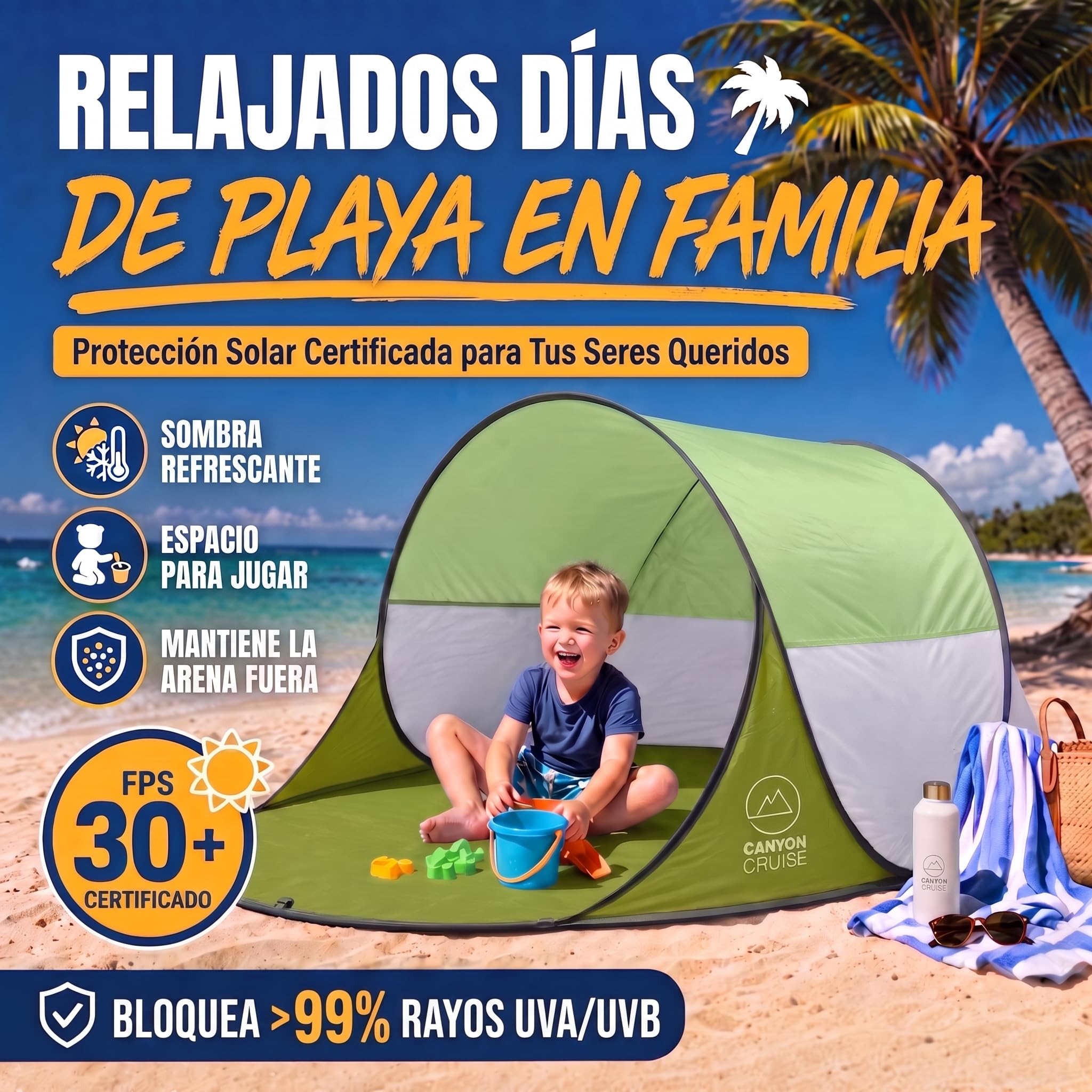 GOODS+GADGETS® Tienda Playa Pop-up 240x140 cm - Carpa de Playa | Montaje automático en segundos - protección solar SPF 30+ - postes de fibra de vidrio - solo 1,9 kg