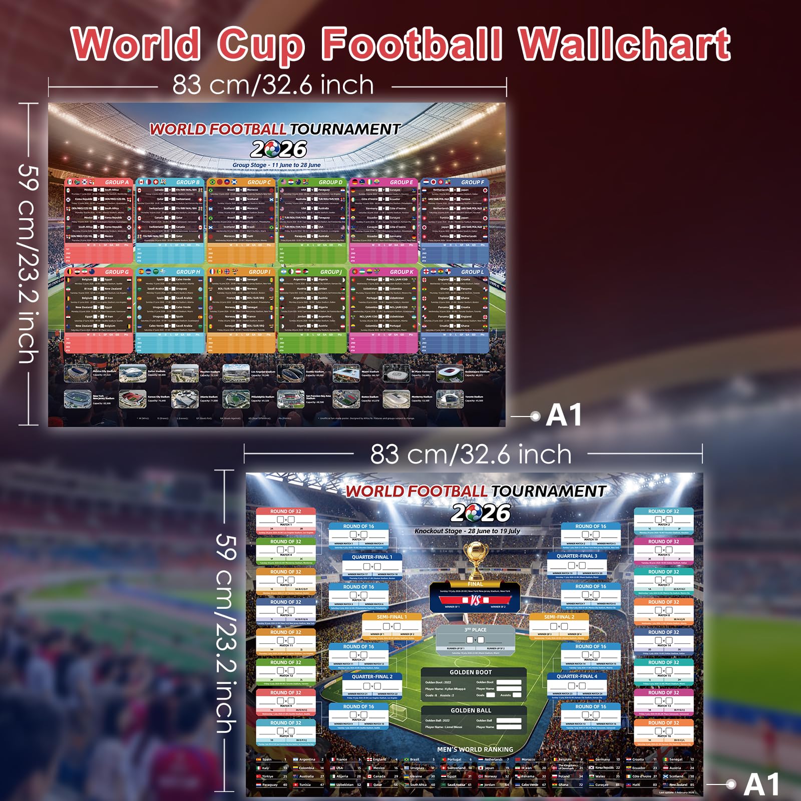 AhfuLife 2Pcs World Cup Football 2026 Wall Chart for Party Decorations - A1 Sizes World Cup WallChart Poster - Includes 48 Teams Group Knockout Final Results Wall Calendar (Folded, A1-83cm x 59cm) — view 2
