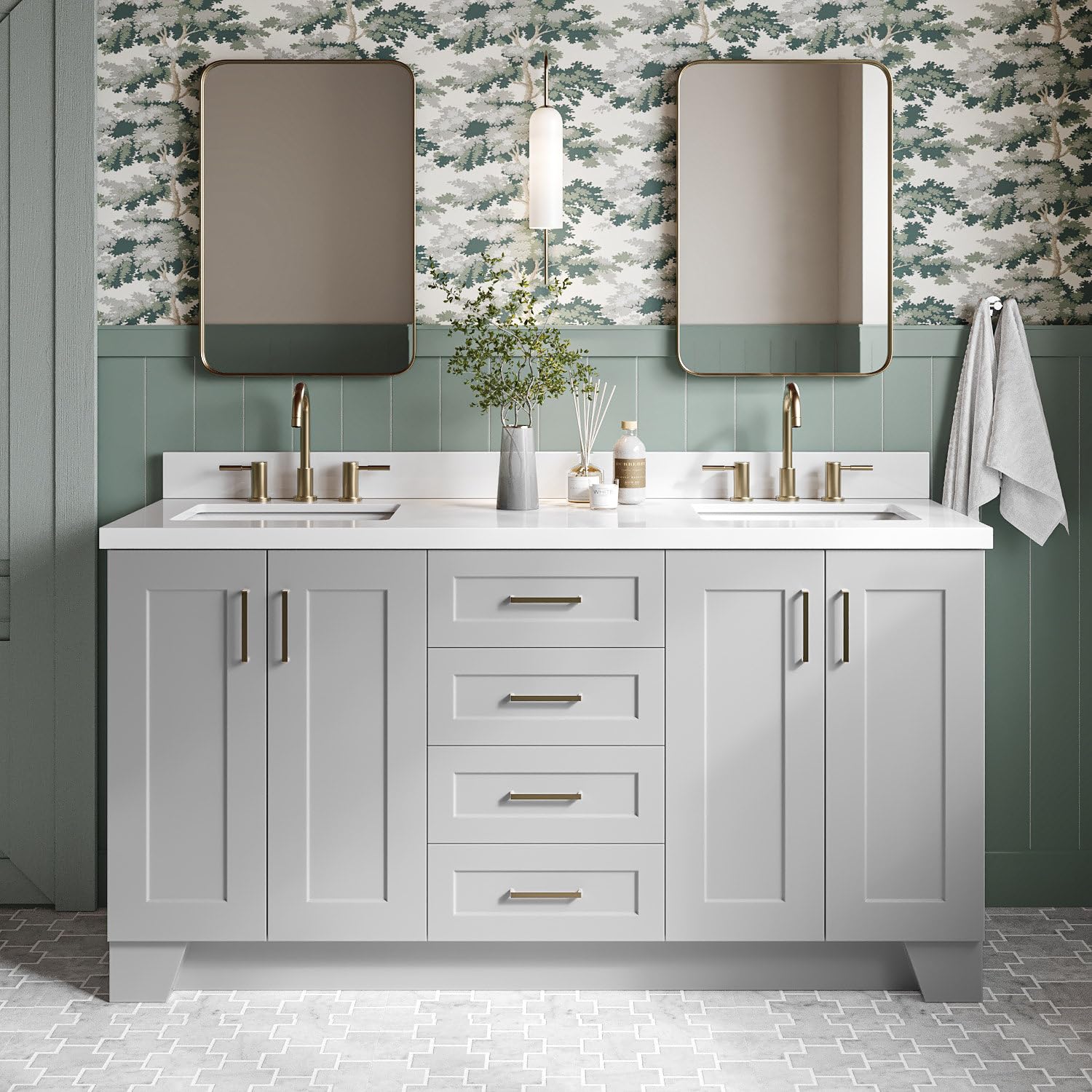 DKB Emilia 66-Inch Grey Double Bathroom Vanity, Pure White Quartz 1.5" Countertop & 4" Backsplash, Rectangular Undermount Sinks, 4 Soft Closing Doors,