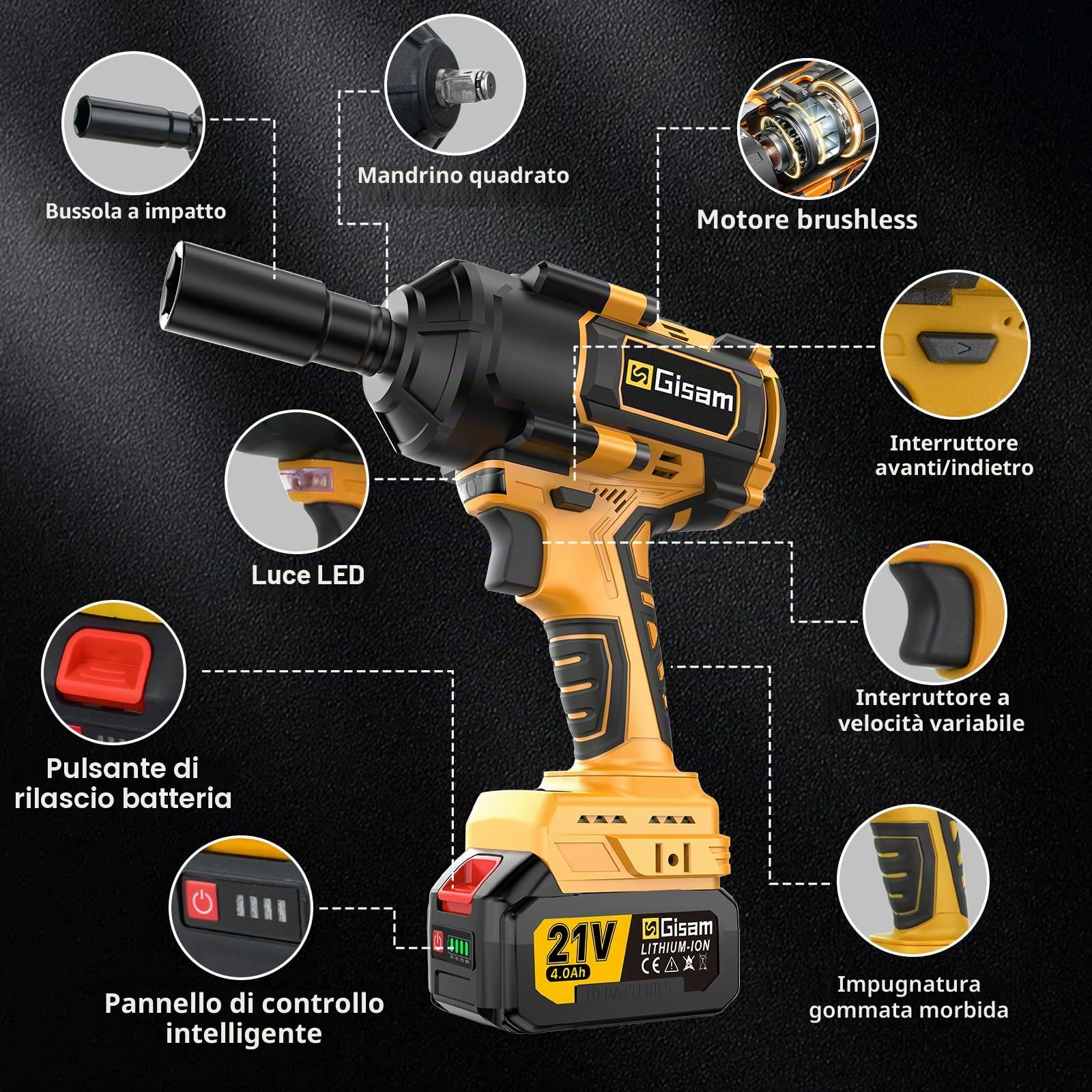 Gisam 1000 N.m Avvitatore a impulsi a batteria con motore brushless da 1/2” con due batterie da 4000 mAh, caricatore rapido, 5 bussole, avvitatore a impulsi per pneumatici auto