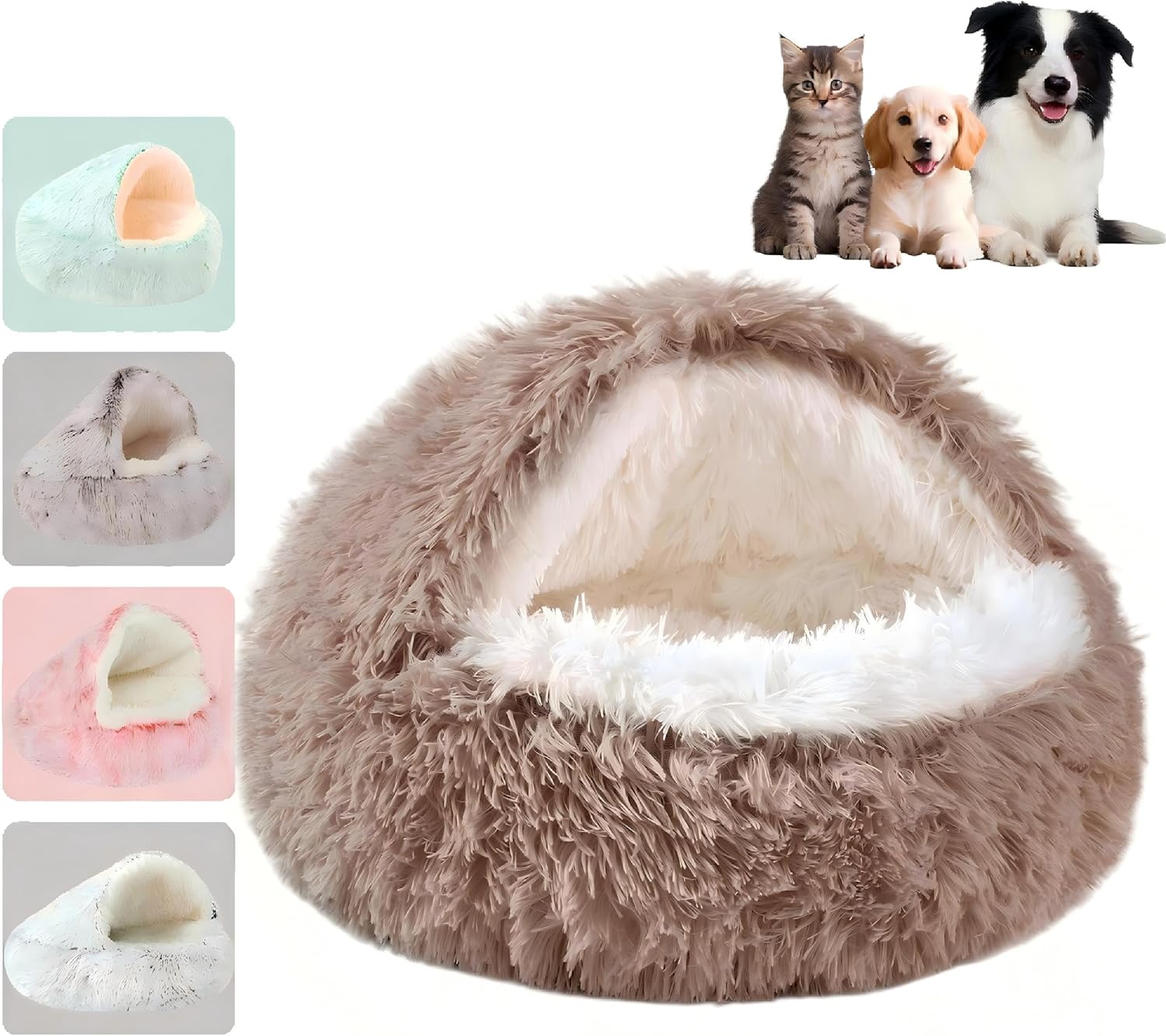 End-of-Season Selection Cozy Cocoon Pet Bed for Dogs&Cats - Hooded Cave-Style Covered Dog Bed Plush Fluffy Anti-Anxiety Donut Design for Small&Medium Pets (Coffee, L)