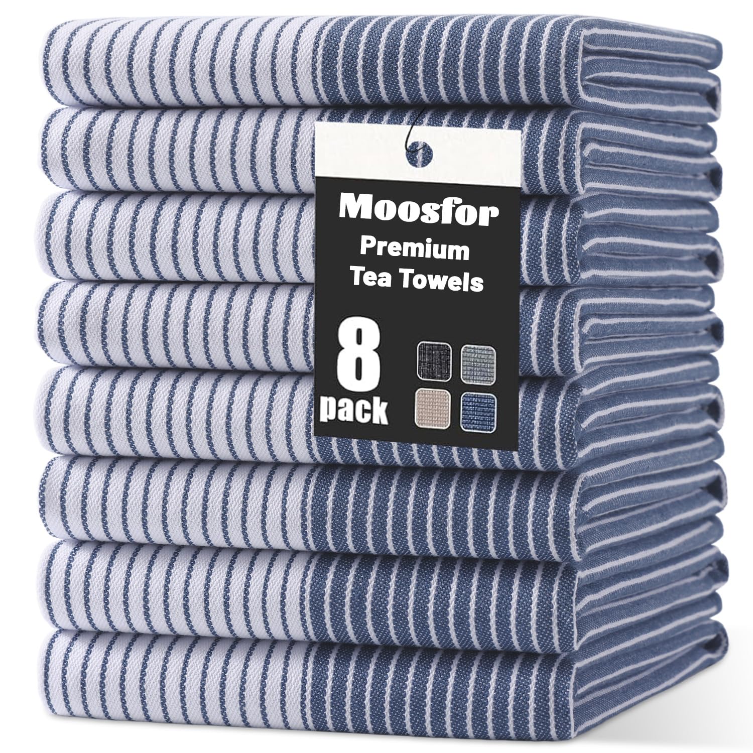 Moosfor 100% Organic Cotton Tea Towels Extra Large, Highly Absorbent Soft Dish Cloths, Lint Free Quick Drying kitchen towel, Premium Dish Towels for Kitchen, Pack of 8, 46 x 72 cm, Navy Blue