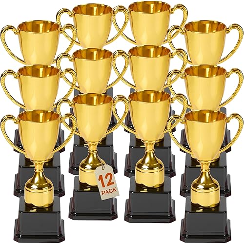 Fun Gold Plastic Trophies - 12 Pack - 7 Inch - Award Trophy Cup Set for Superstar Kids - Champion Celebrations, Sports Galore, and Victory Vibes - Desktop Toy