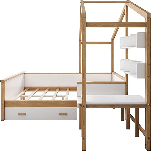 Miniatura 230 de Cama de casa de tamaño individual con 2 cajones, marco de cama de madera y barandilla de seguridad. Ahorra espacio, ideal para el dormitorio de un