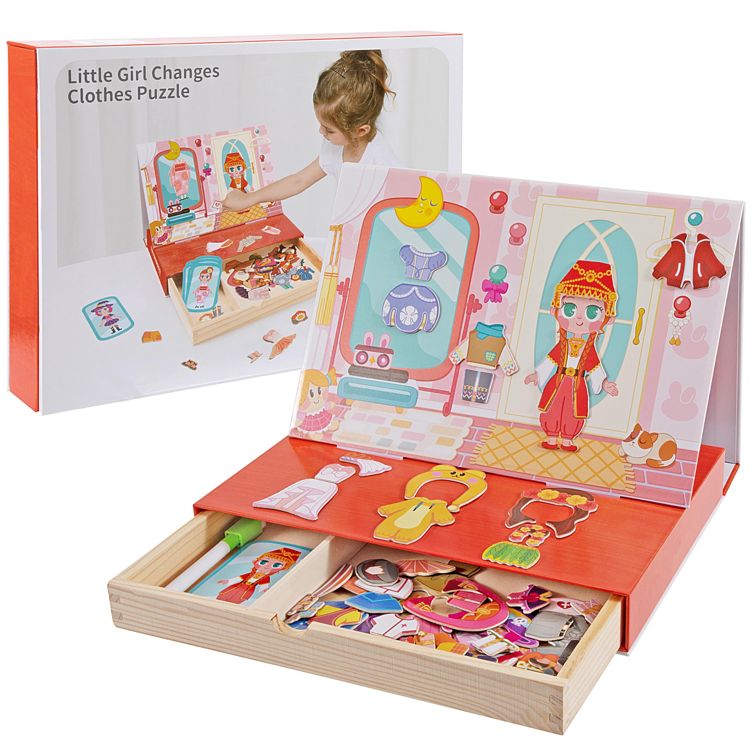 Magneticos Dress Up Juegos con Caja Madera para Niños 3+ Años, Puzzle Book Niñas, Juguetes Vestir Educativo Aprendizaje Motricidad Fina e Imaginación