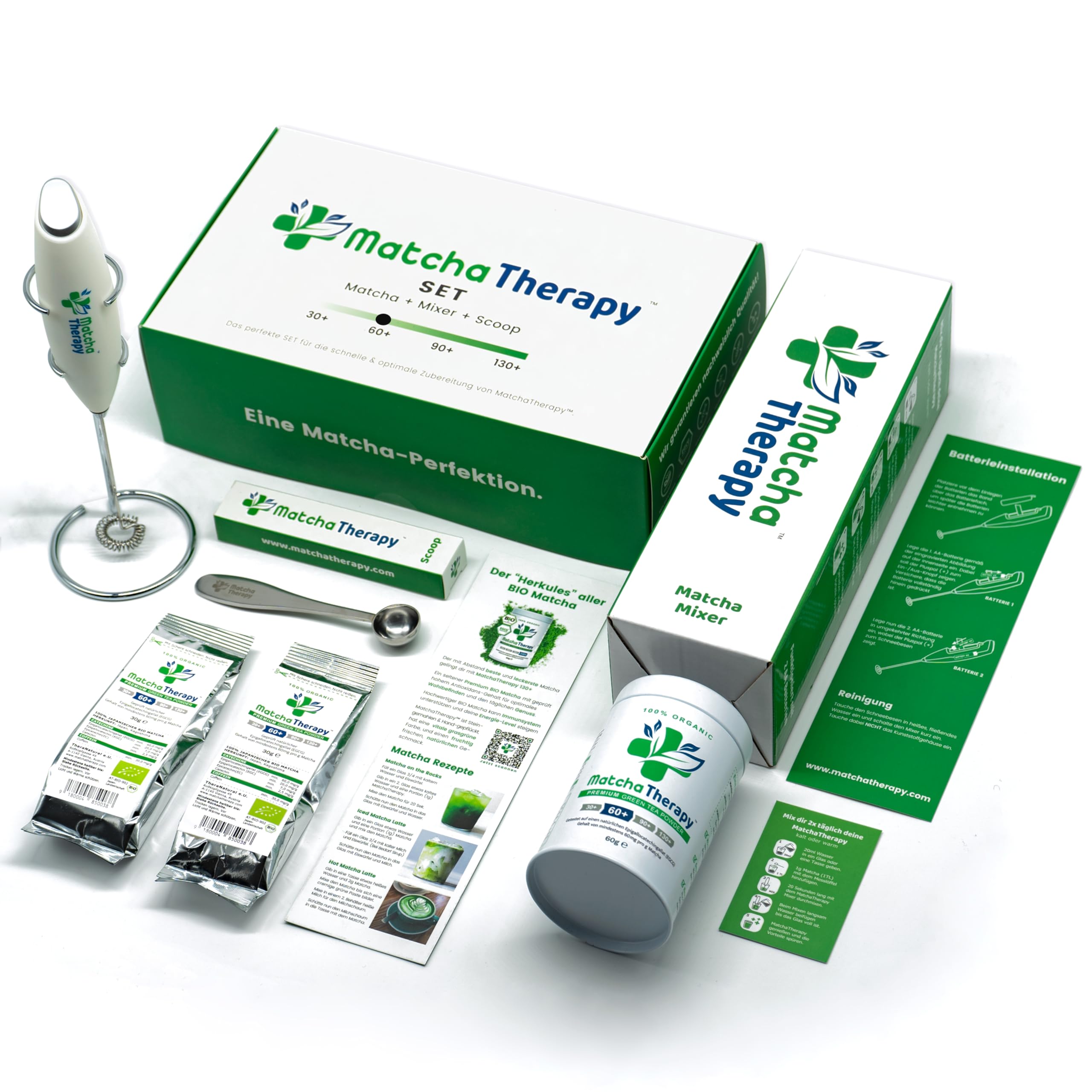 MatchaTherapy Set da 60 pezzi | Bio Matcha tè in polvere 60 g + frullatore Matcha + cucchiaio dosatore Matcha | con contenuto di catechina EGCG testato | Premium Grade | tè verde dal Giappone
