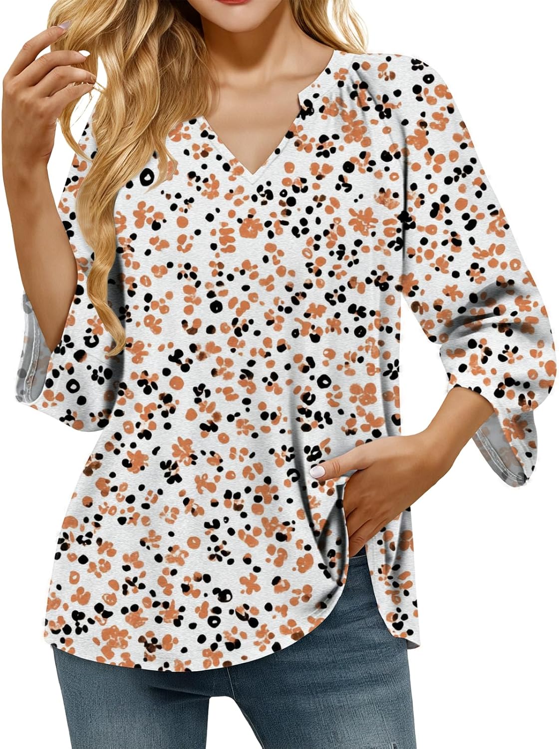 Retro Breathable Shirt for Women Vintage Novelty Stylish Boho Loose Fit 3/4 Sleeve V Neck Tops Summer Undershirt