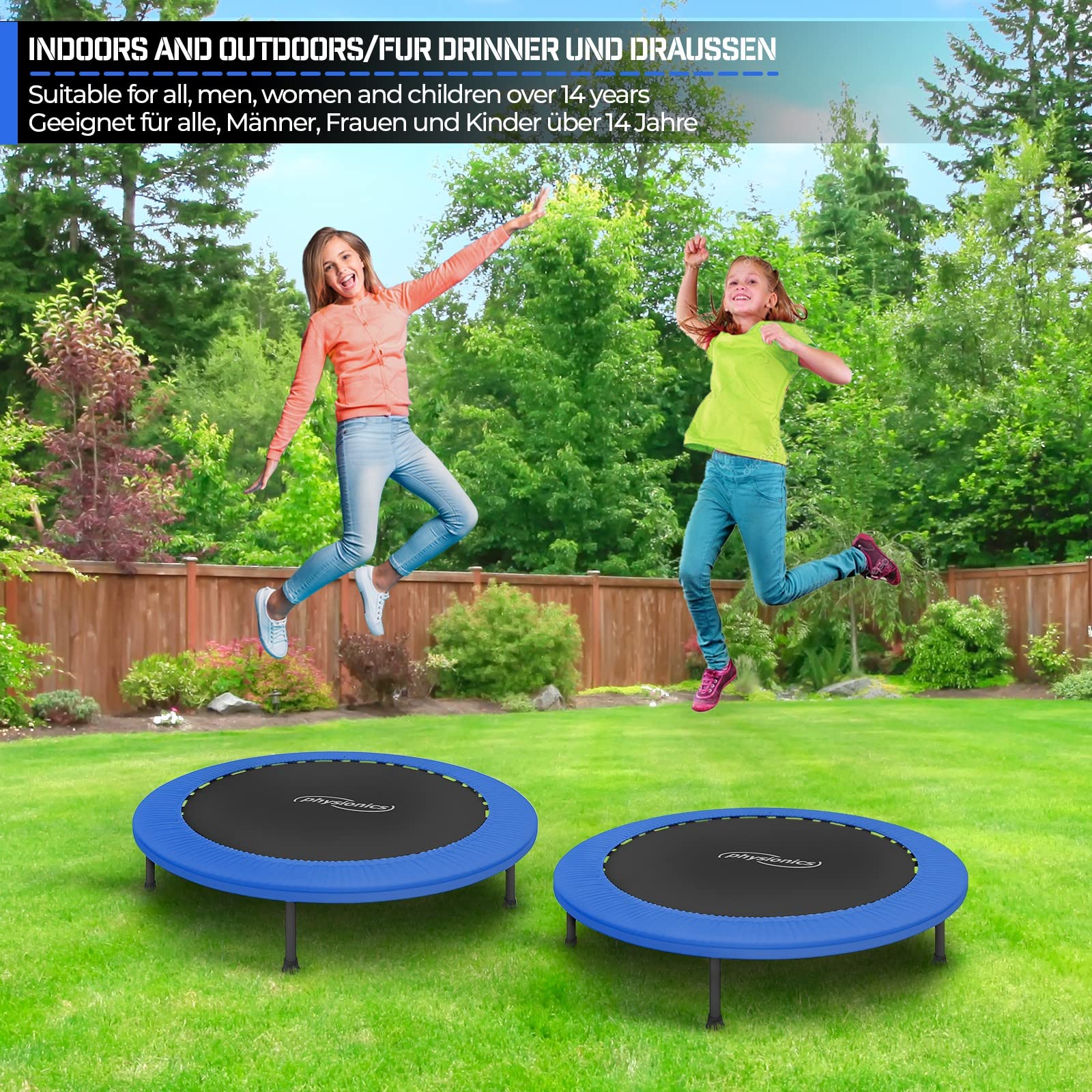 Physionics® Mini Trampolina Fitness - Średnica wyboru (Ø 81/91/96/102/114/122 cm), antypoślizgowe stopy, do użytku wewnątrz/na zewnątrz - trampolina gimnastyczna, trening, skok (114 cm)