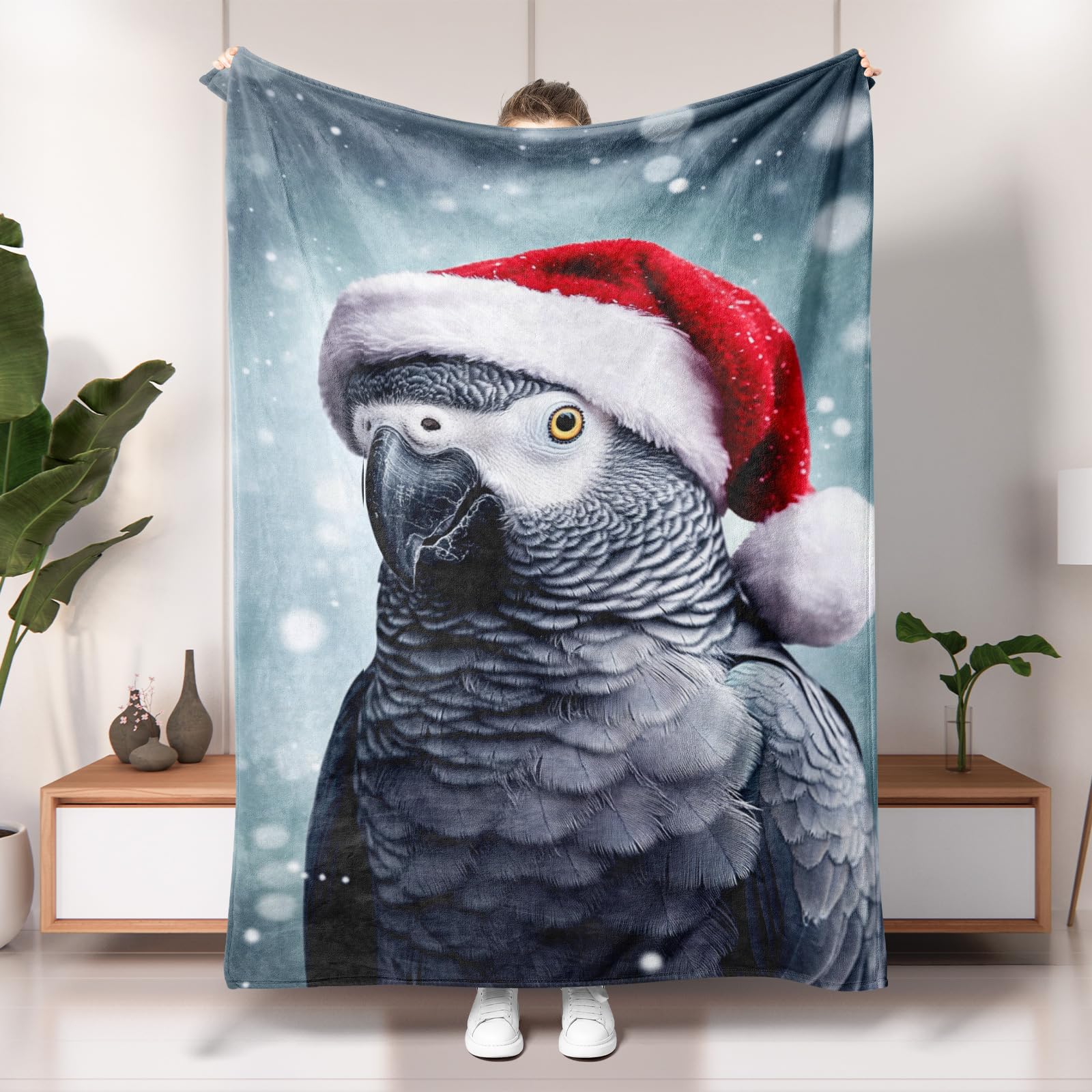 Christmas Parrot Blanket, Grey African Grey Bird Cozy Throw Blanket, Soft Plush Fleece for Winter, Holiday, Camping, Travel, All Season 50x60 Inch