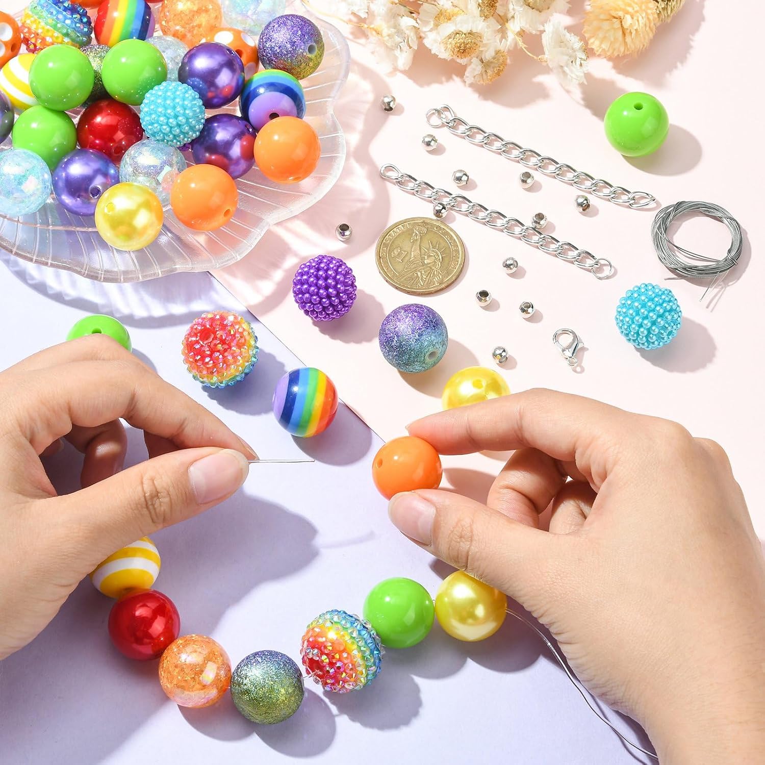 LiQunSweet 50 Pcs DIY Rainbow Candy Color Acrylic Round Spacer Beads Bracelet Necklace Making Kit with End Chain Clasp Wire for Craft Making Findings