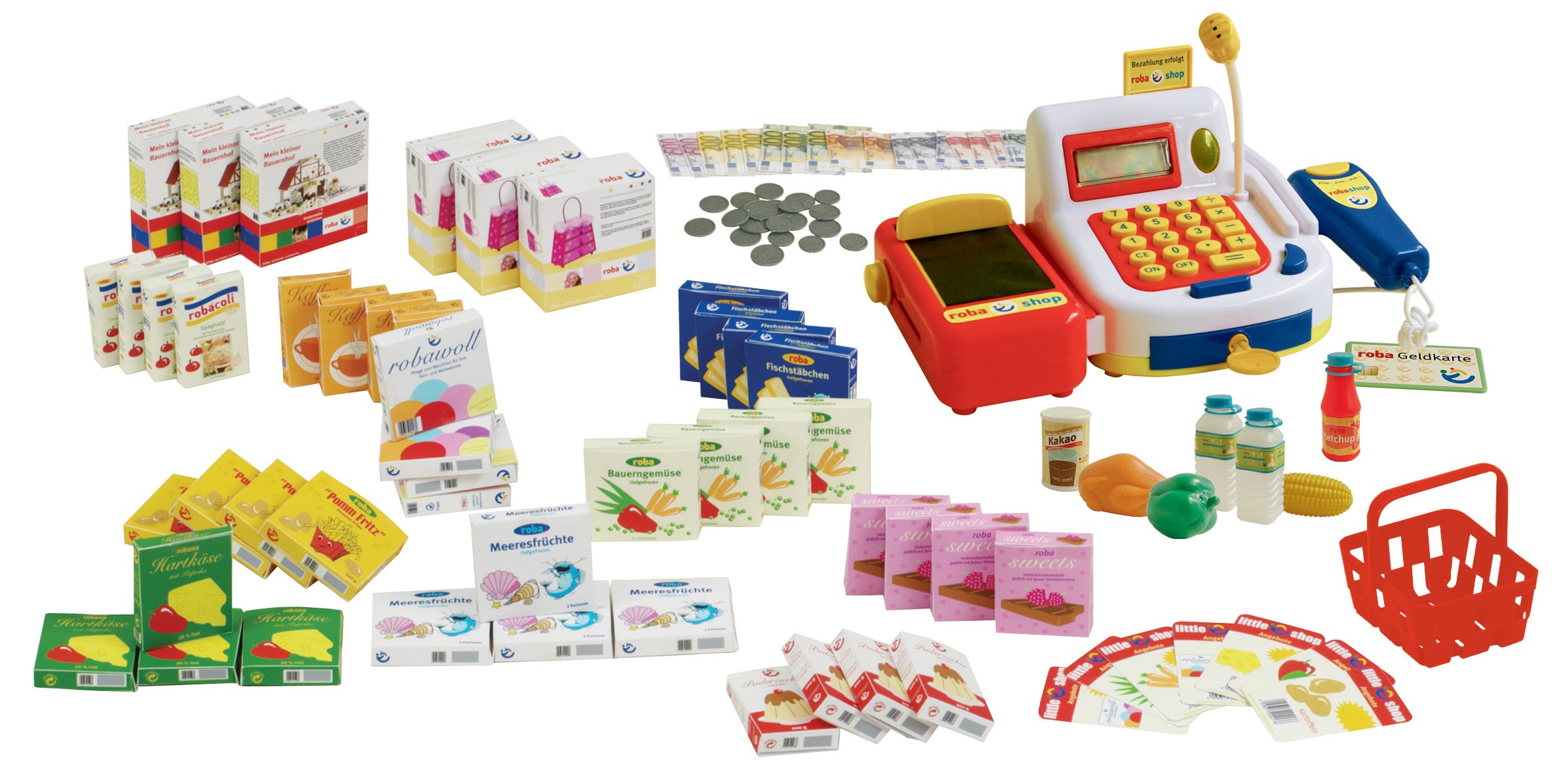 roba Marchande Enfant en Bois - Supermarché + Caisse Enregistreuse avec Microphone et Autres Accessoires - Naturel