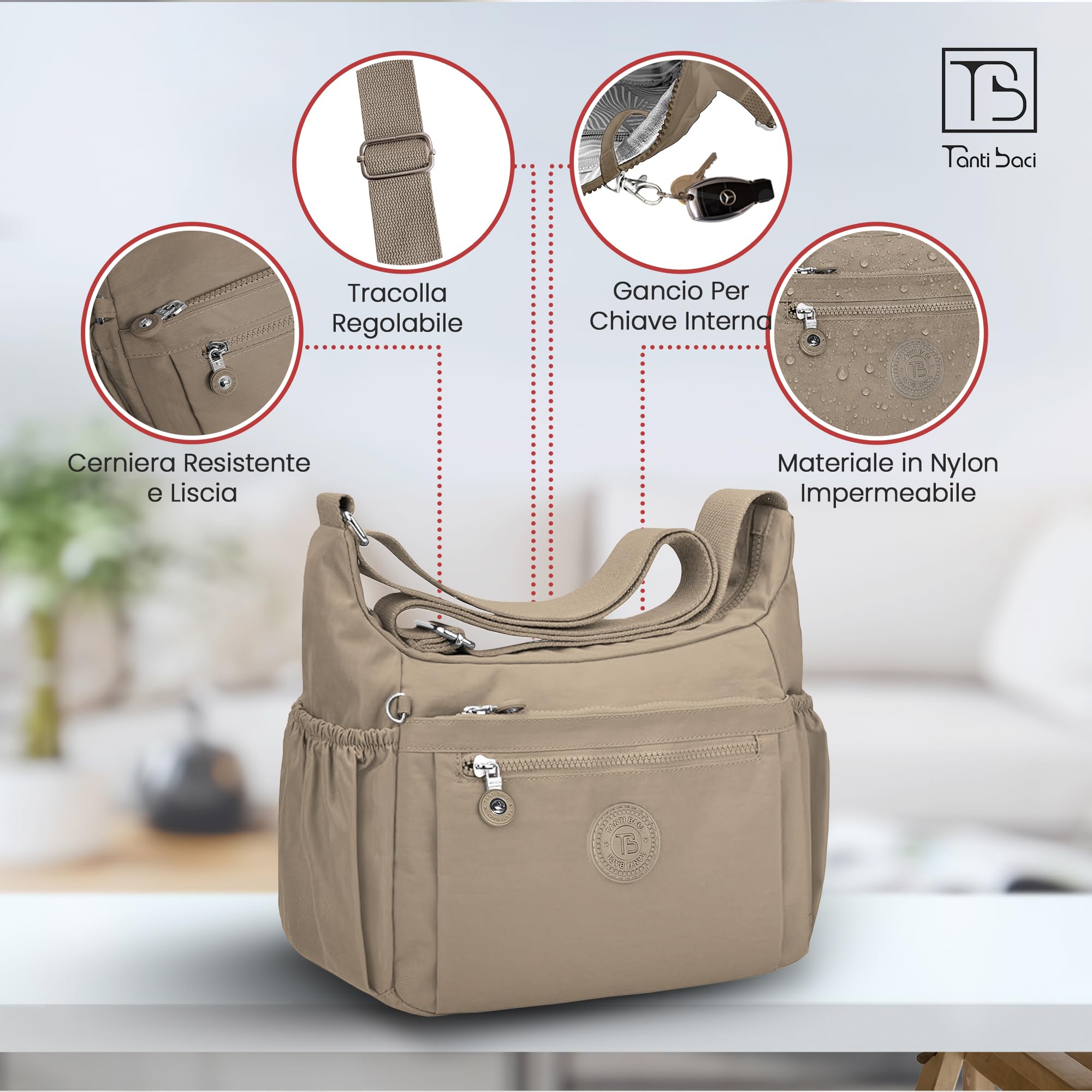 Tanti Baci Borsa a Tracolla Donna Impermeabile, Borsa a Spalla Grande, Multitasche con Tracolla Regolabile e Gancio Portachiavi Interno, Crossbody Leggera per Lavoro, Viaggio e Shopping