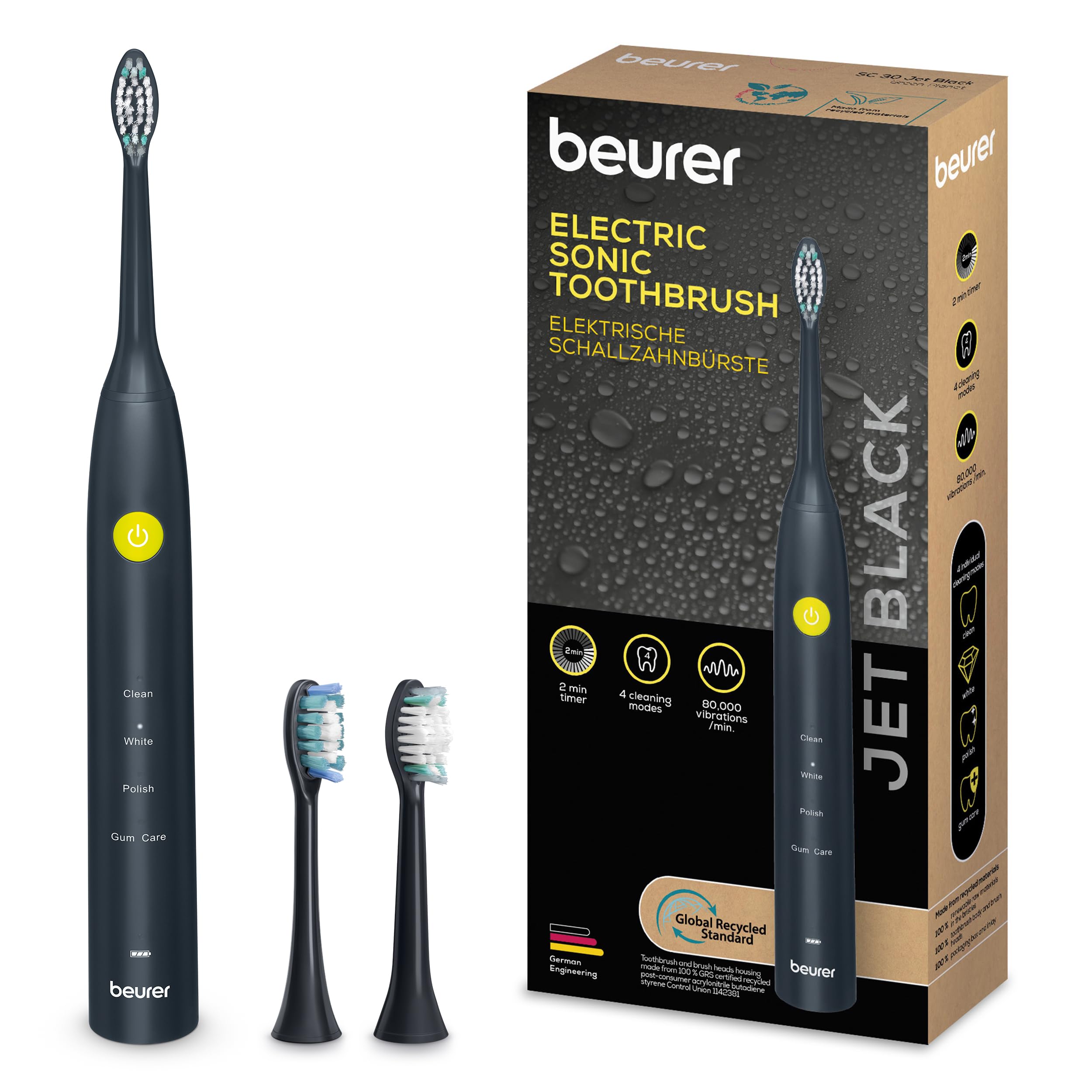 Beurer SC 30 Sonic Toothbrush Jet Black, Electric Toothbrush with 4 Cleaning Modes, 80,000 Vibrations, with Acoustic Quadrant Timer & LED Display, Includes 2 Replacement Brushes, 100% Recycled Housing-image-8