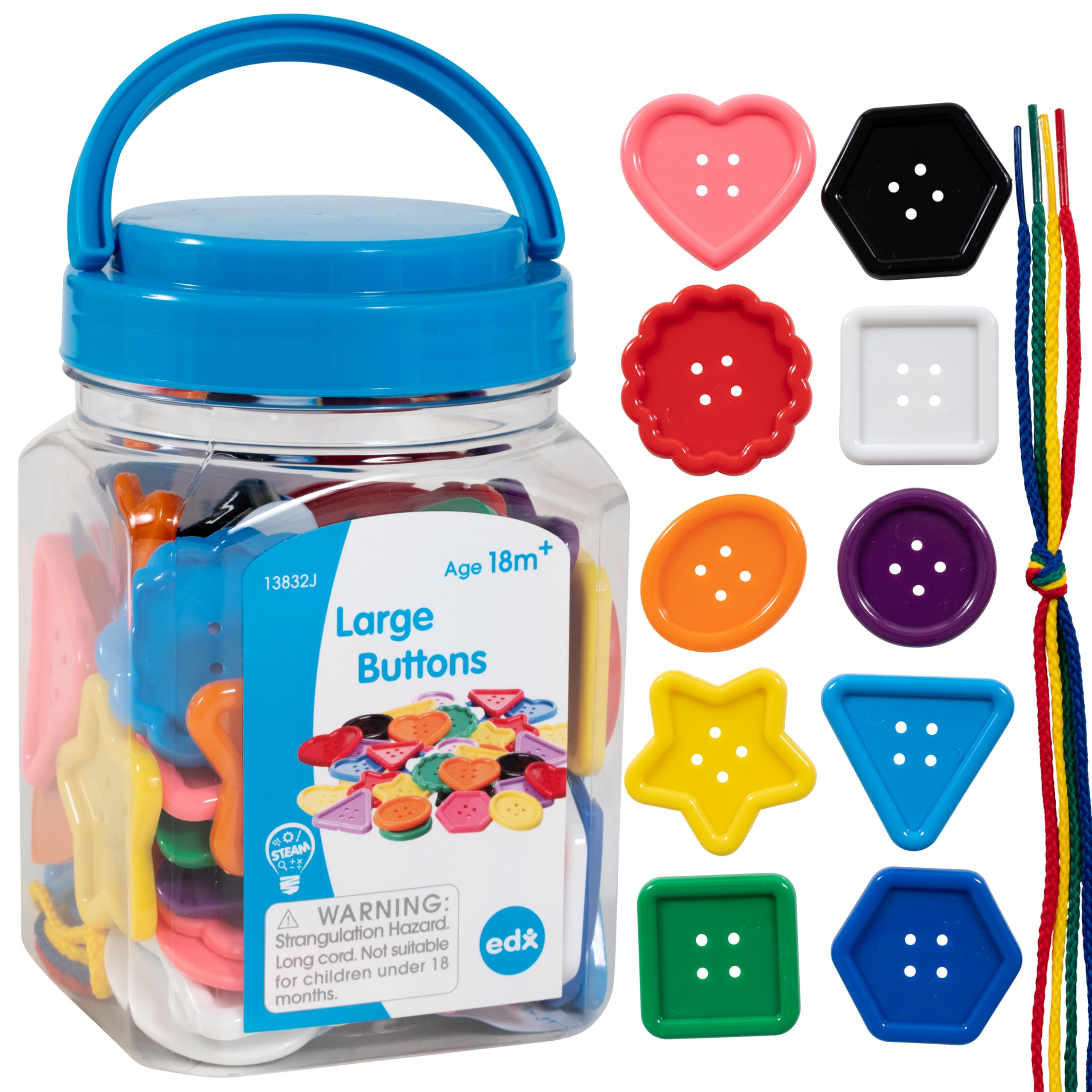 edx education Large Buttons - Mini Jar - Lacing Activity - Sensory and Fine Motor Skill Development - Math Manipulative