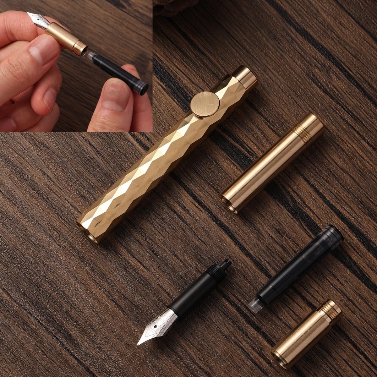 SIPLIV Brass Fountain Pen (85mm) Short Paragraph Pocket Mini Travel Pen Iridium Fine Nib Fountain Pen with 20 Pcs Black Ink Cartridges, Vertical Line - Image 4