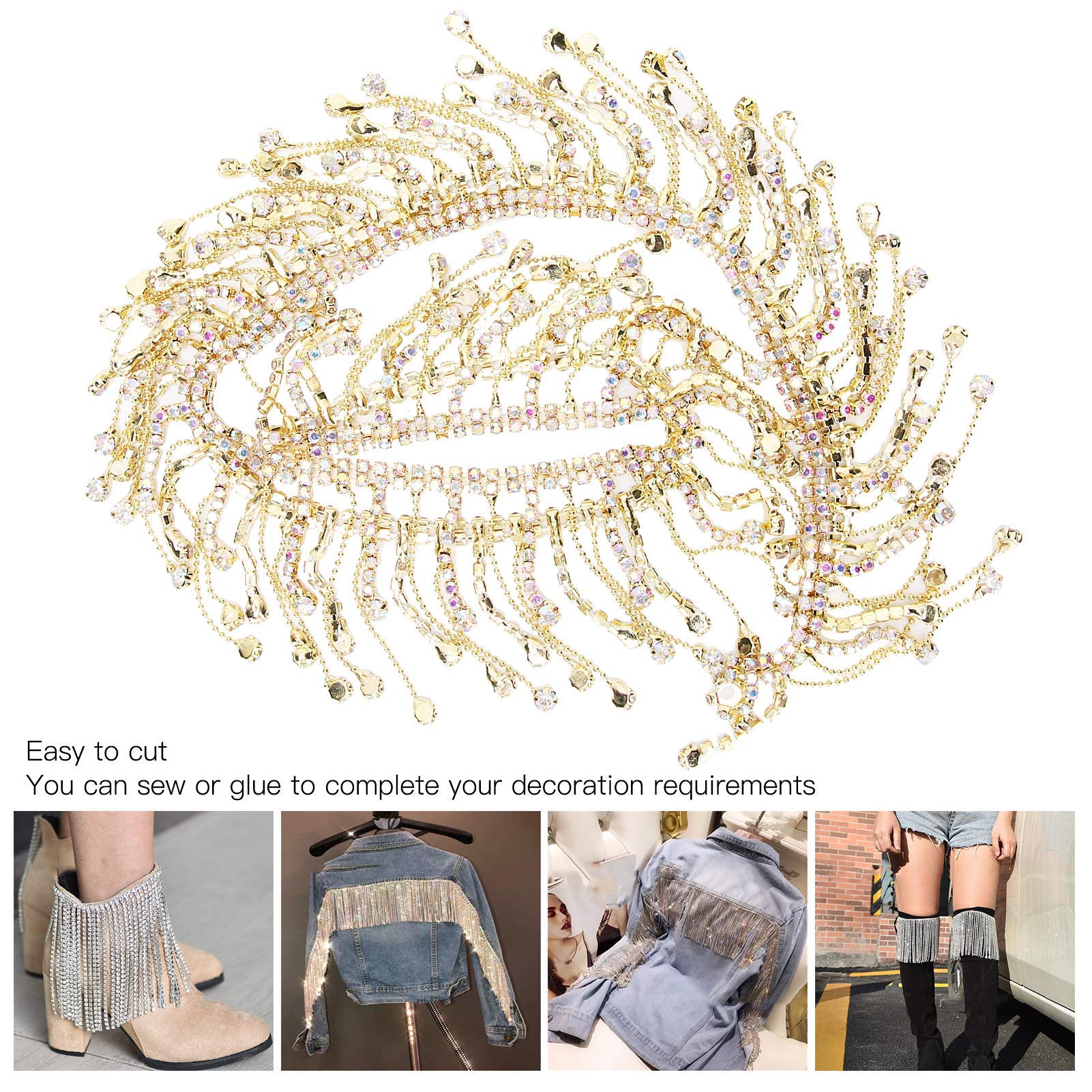 Nastro con frange e strass, 9,1 m, con nappe luccicanti, per matrimoni, feste, abbigliamento, fai da te (2 pezzi dorati)