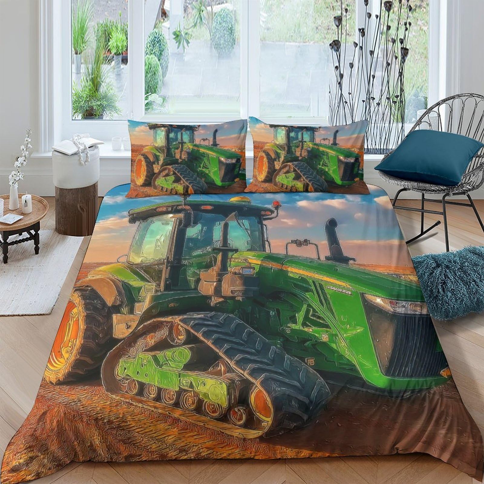 Ctjqhvkz Style-8 3D Printed Green Tractor Fitted Sheet Microfiber Soft Anti-Slip Farm Landscape Bed Cover For Bedroom Decor Single（135X200cm）
