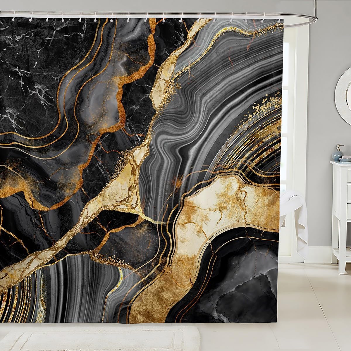 Erosebridal Brown Marble Shower Curtain 72" Wx84 L, Gold Crack Bathroom Shower Curtain Sets, Abstract Metallic Texture Fabric Shower Curtain, Luxury Shinny Boho Hippie Fluid Bath Curtain