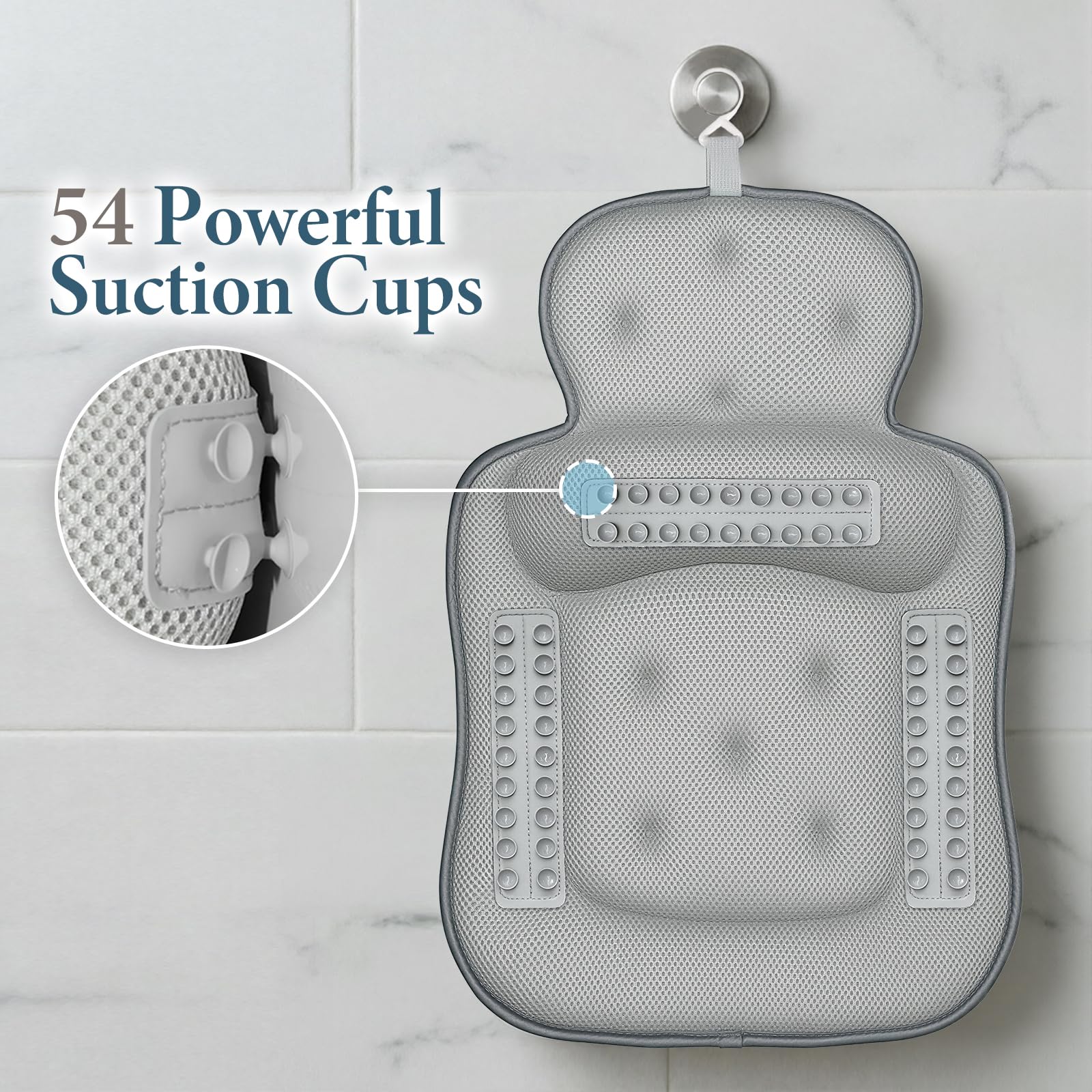 Almohadas de baño para bañera, cojín de bañera agradable a la piel para cabeza y cuello con tela de malla 5D suave y 54 ventosas antideslizantes, accesorios relajantes para bañera y ducha, regalo de