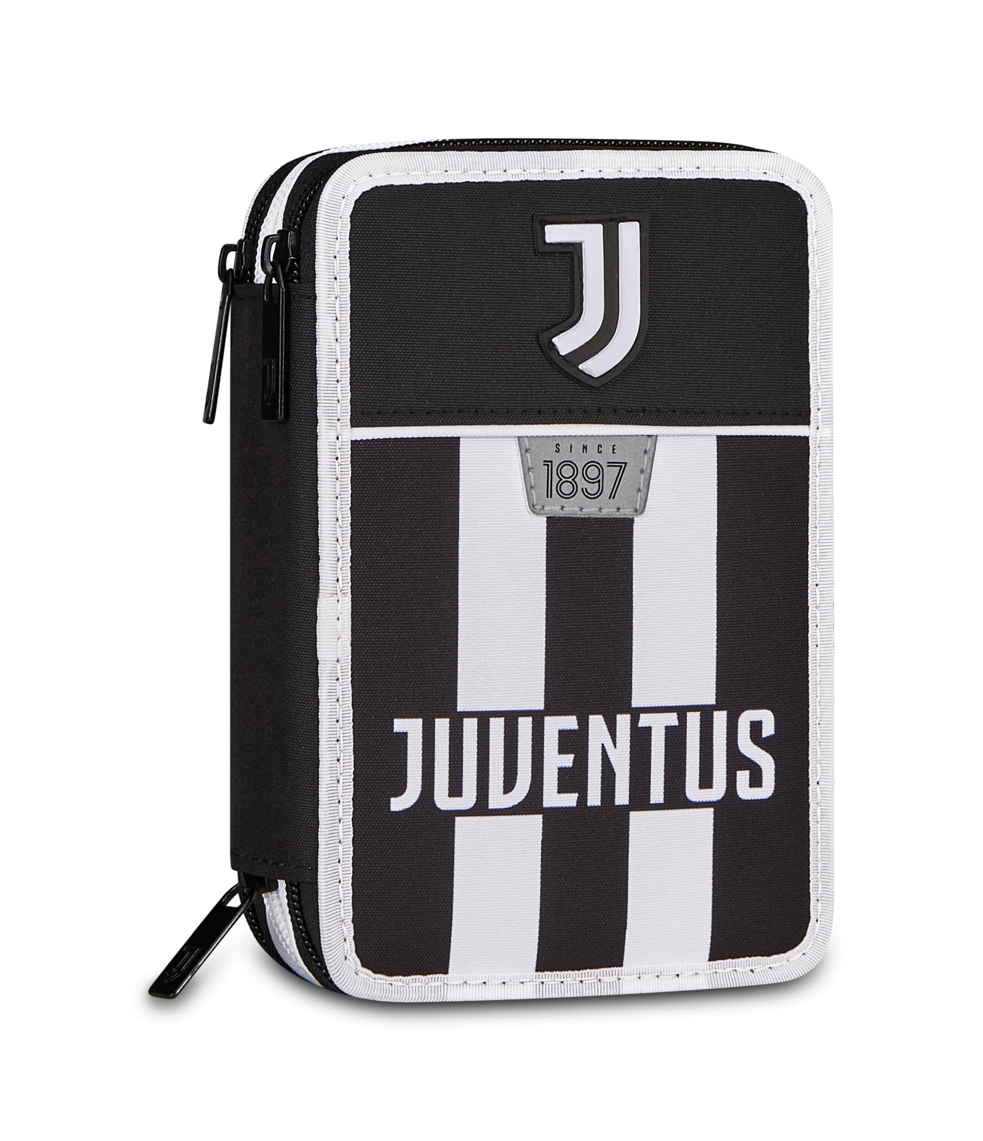 Seven Juventus Astuccio 3 Zip, Triplo Scomparto, Completo di Matite, Pennarelli, Colori, Accessori Zaino, Elementari, Medie, Bianconeri, Ragazze e Ragazzi, bianco/nero