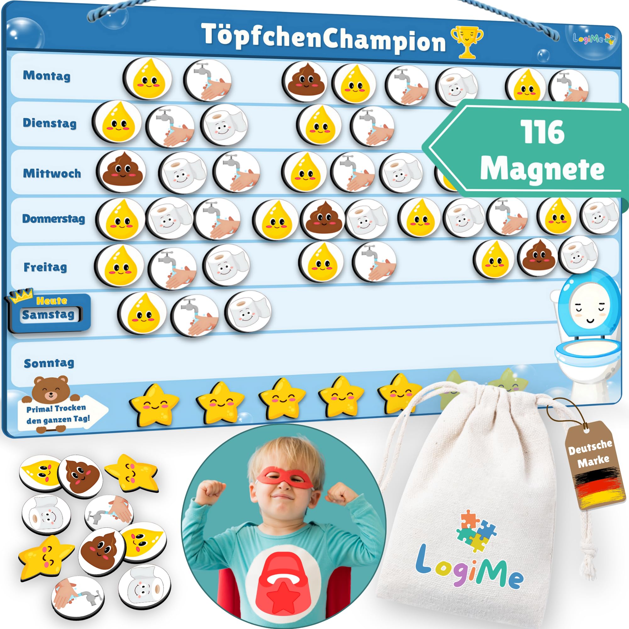 LOGIME 𝐋𝐨𝐠𝐢𝐌𝐞® Belohnungstafel für Kinder inkl. 200 AUFGABEN - XL Aufgabenplaner magnetisch- Montessori Belohnungssystem Wochenplaner ab 3 4 5 6 7 8 Jahre magnetische