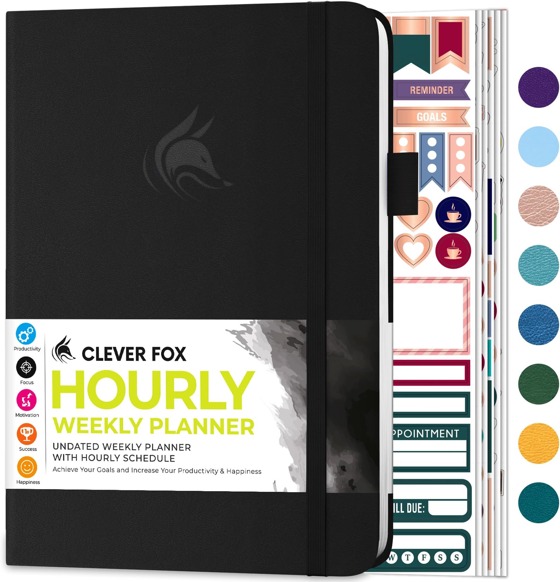 Planner Hourly, Undated Weekly Daily Block Schedule Black | A5 annual appointment book with time slots, 14.5 x 21.5 cm, Monthly calendars, Eco-leather hardcover, 120gsm paper