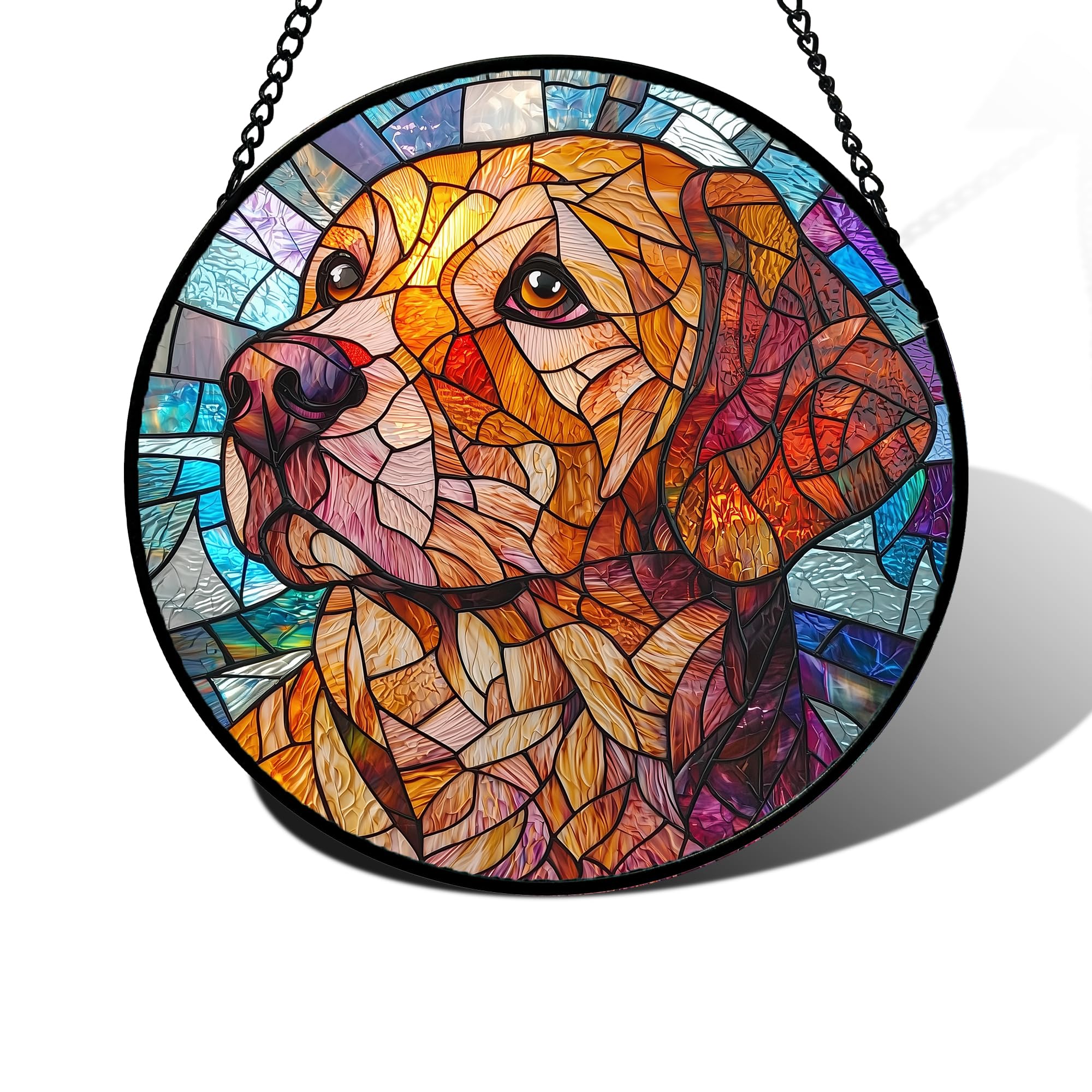 Golden Dog Stained Glass Window Hanging Suncatcher Gifts for Women 7.8"
