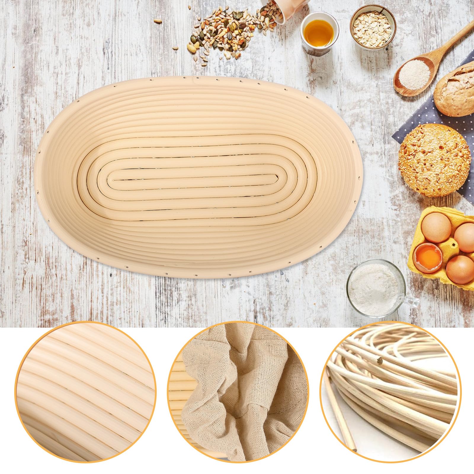Set Cestini Per Lievitazione Pane In Rattan – Banneton Rotondo E Ovale Con Tela In Lino, Raschietto E Lama Per Impasti