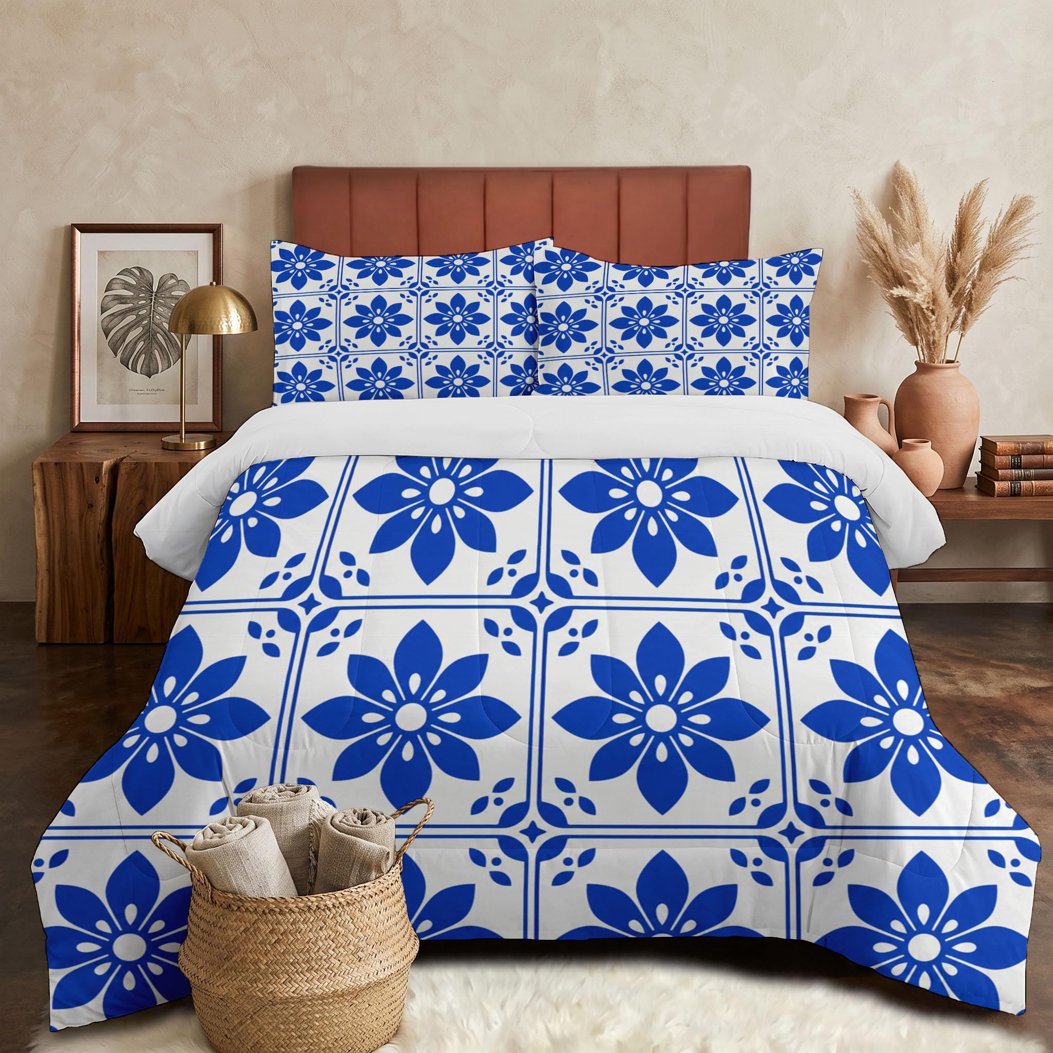 Trapunta Piastrelle Floreali In Stile Retrò, Piumino Matrimoniale 4 Stagioni | 240X220 Cm Con Federa 50X80, Piumone Leggero In Microfibra, Trapunta Reversibile Geometria Delle Piante Tribali, Indaco