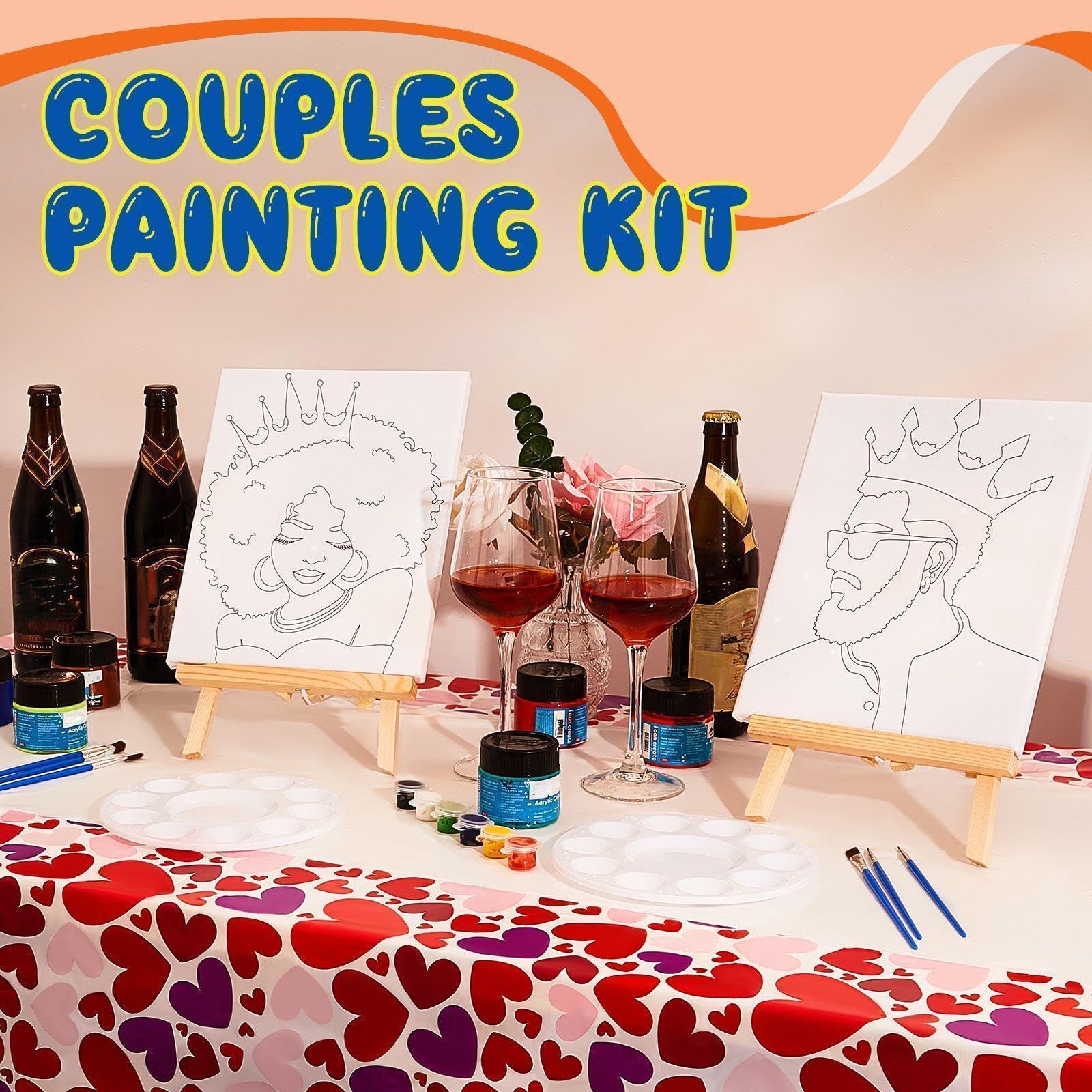 Yeaqee 13 Pcs Valentines Sip and Paint Kit for Couples Date Night Painting Kit Supplies Canvas Art Painting Set Outline Design Blank Stretch Canvas for Couple Adults Party(Afro King Queen,8x10)