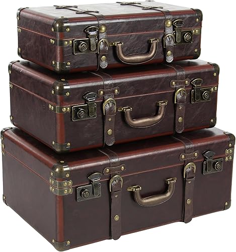 Deco 79 Baúl tapizado de cuero con detalles vintage y tachuelas, juego de 3 de 18 pulgadas, 21 pulgadas, 23 pulgadas de ancho, marrón